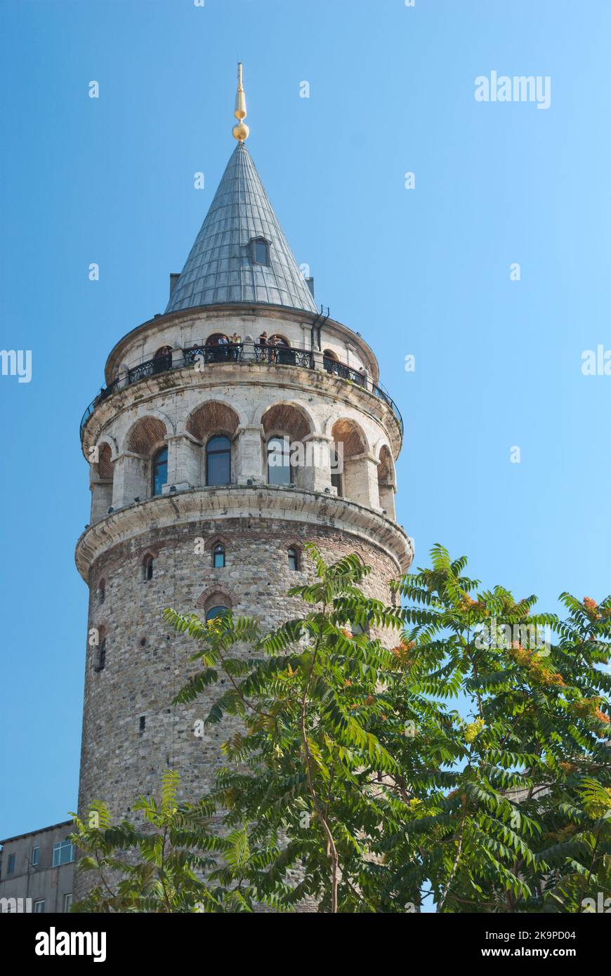 Tourists on the top of Galata Tower in Istanbul, Turkey Stock Photo