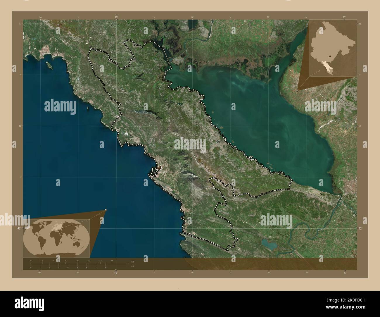 Bar Mapa Bar, municipality of Montenegro. Low resolution satellite map. Corner ...