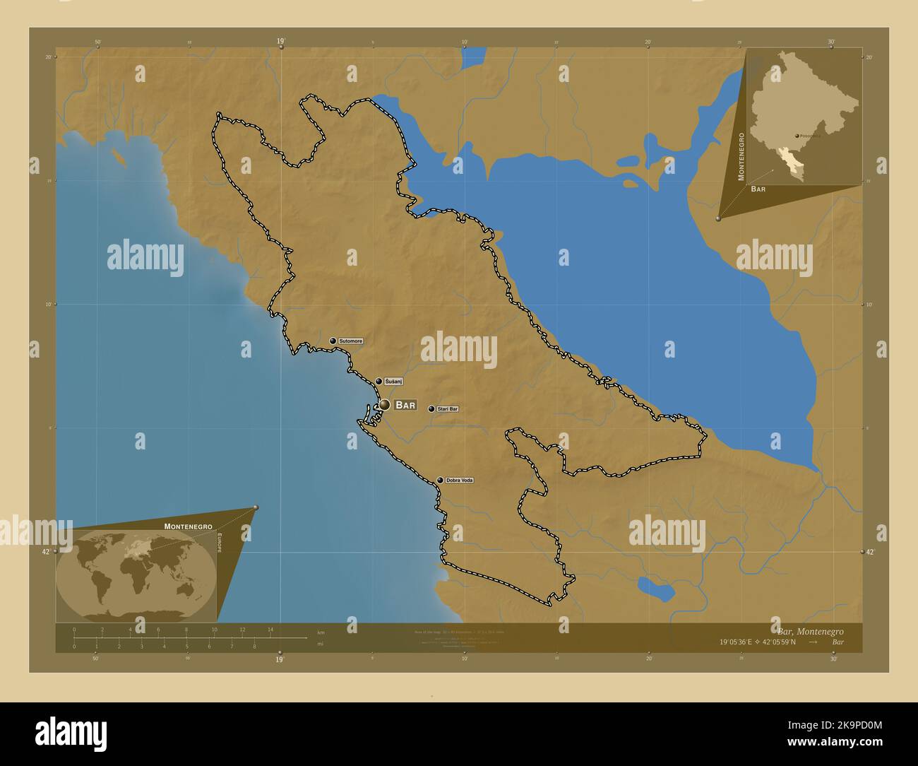 Bar, municipality of Montenegro. Colored elevation map with lakes and ...