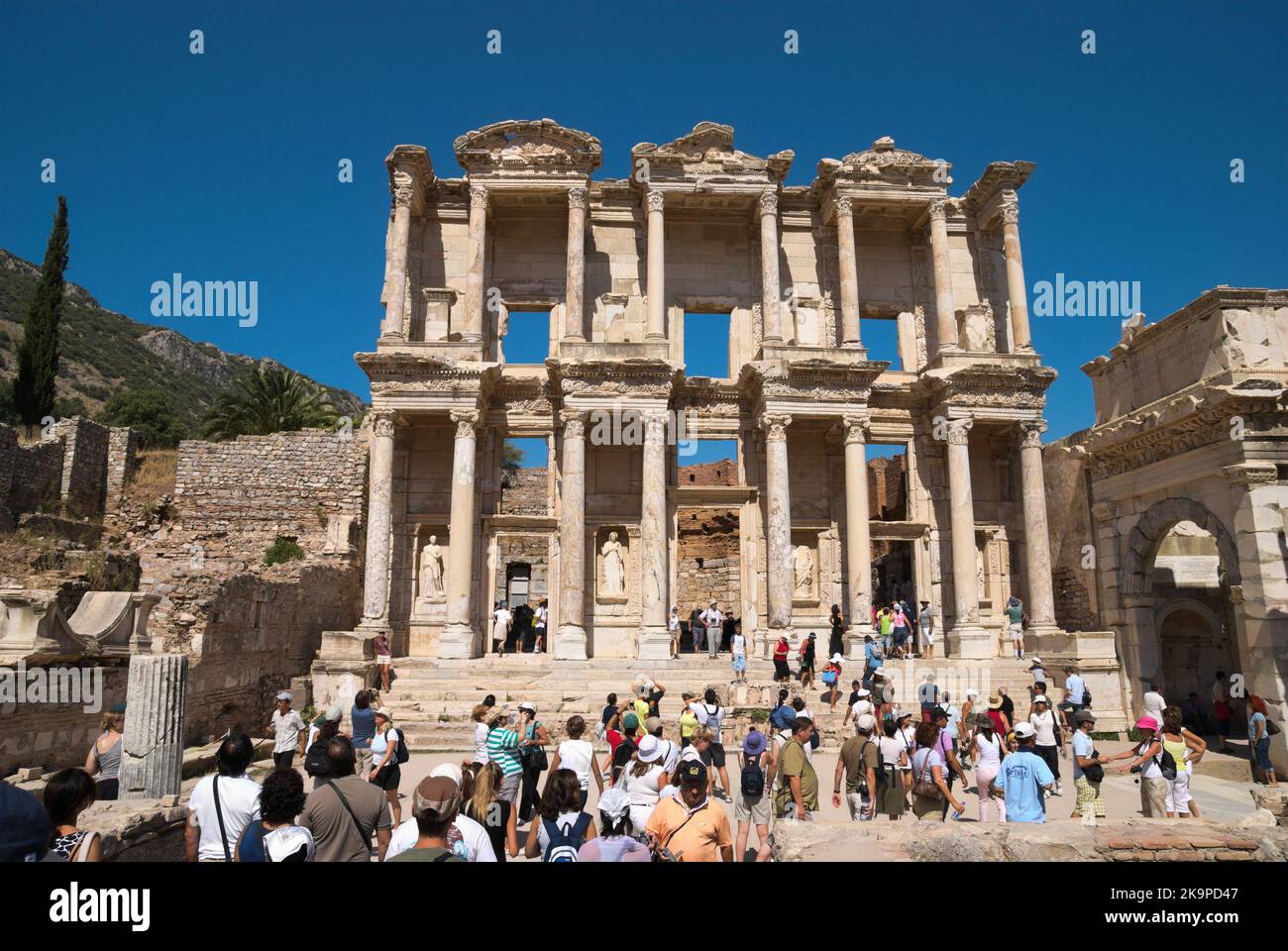 Reconstructed façade of Library of Celsus in ancient Ephesus. Since 2015, Ephesus is listed as UNESCO World Heritage site Stock Photo