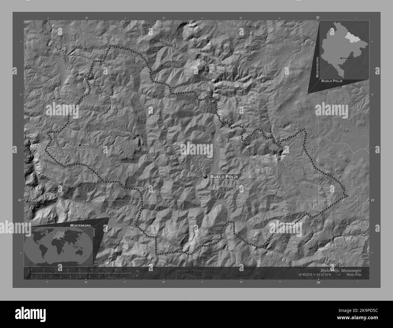 Bijelo Polje, municipality of Montenegro. Bilevel elevation map with