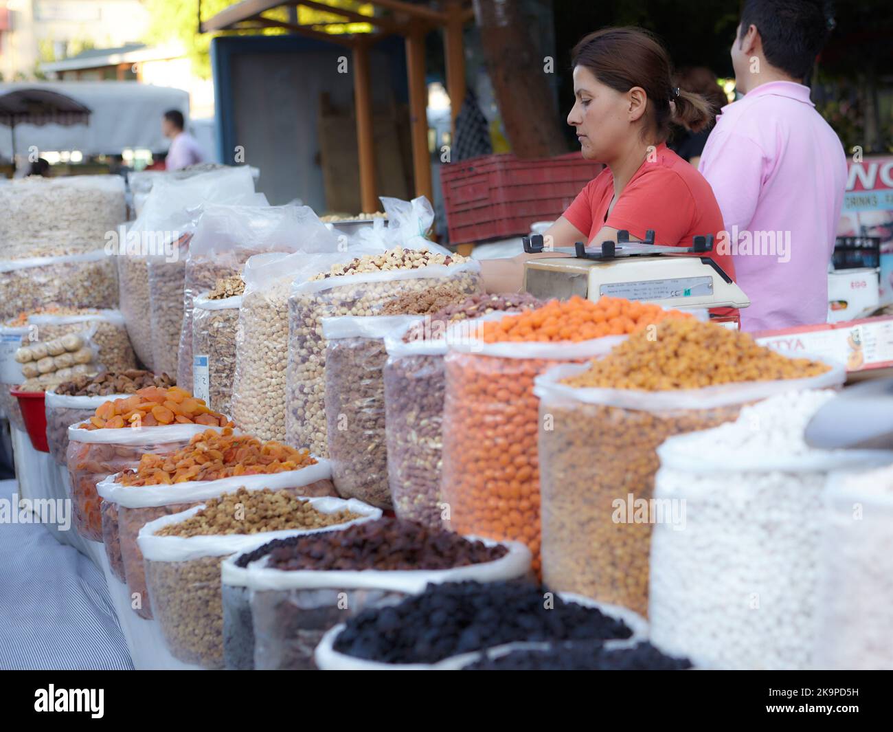 Dried fruits and nuts on the street farmers market in Kusadasi, Turkey Stock Photo