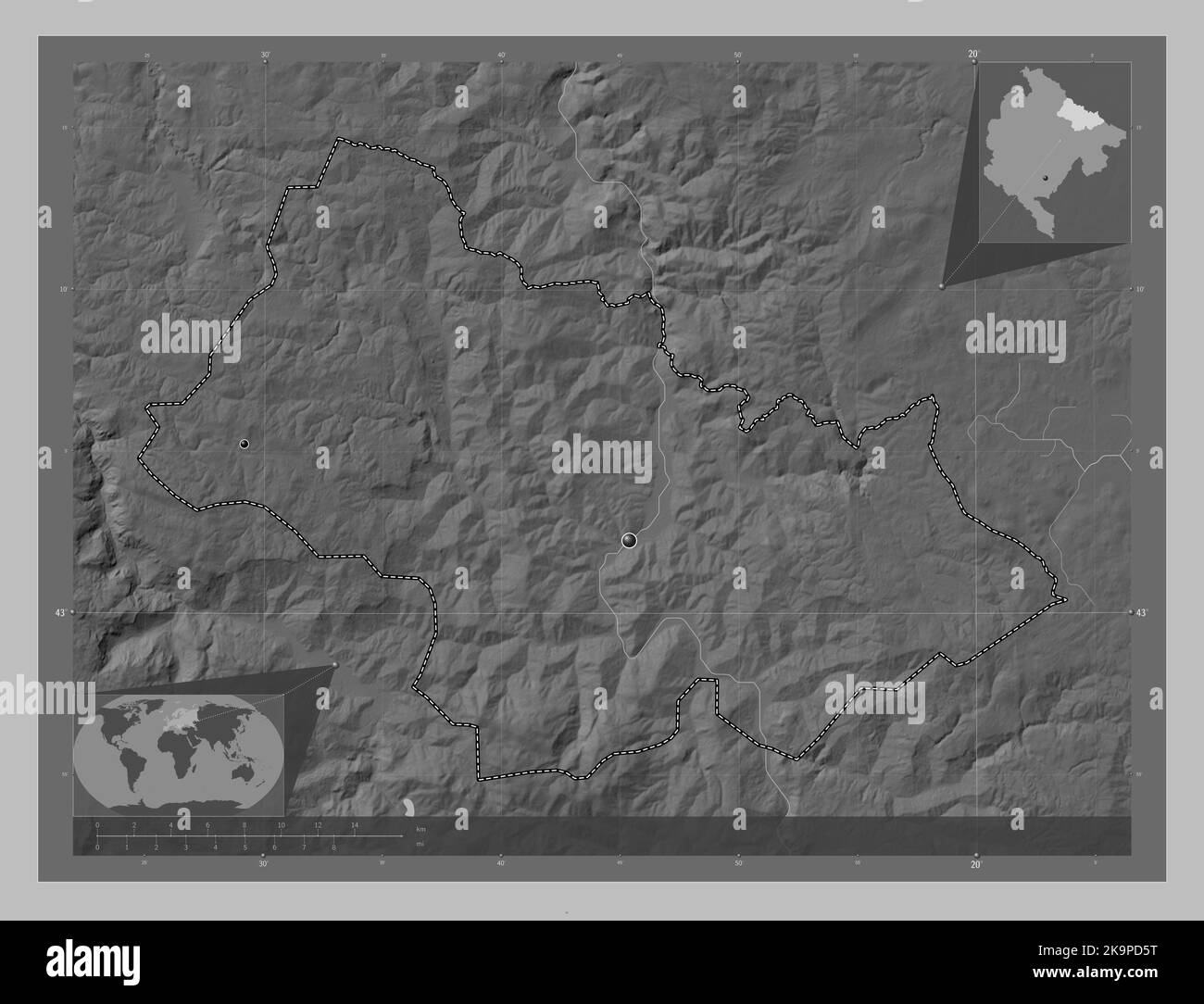Bijelo Polje, municipality of Montenegro. Grayscale elevation map with lakes and rivers. Locations of major cities of the region. Corner auxiliary loc Stock Photo