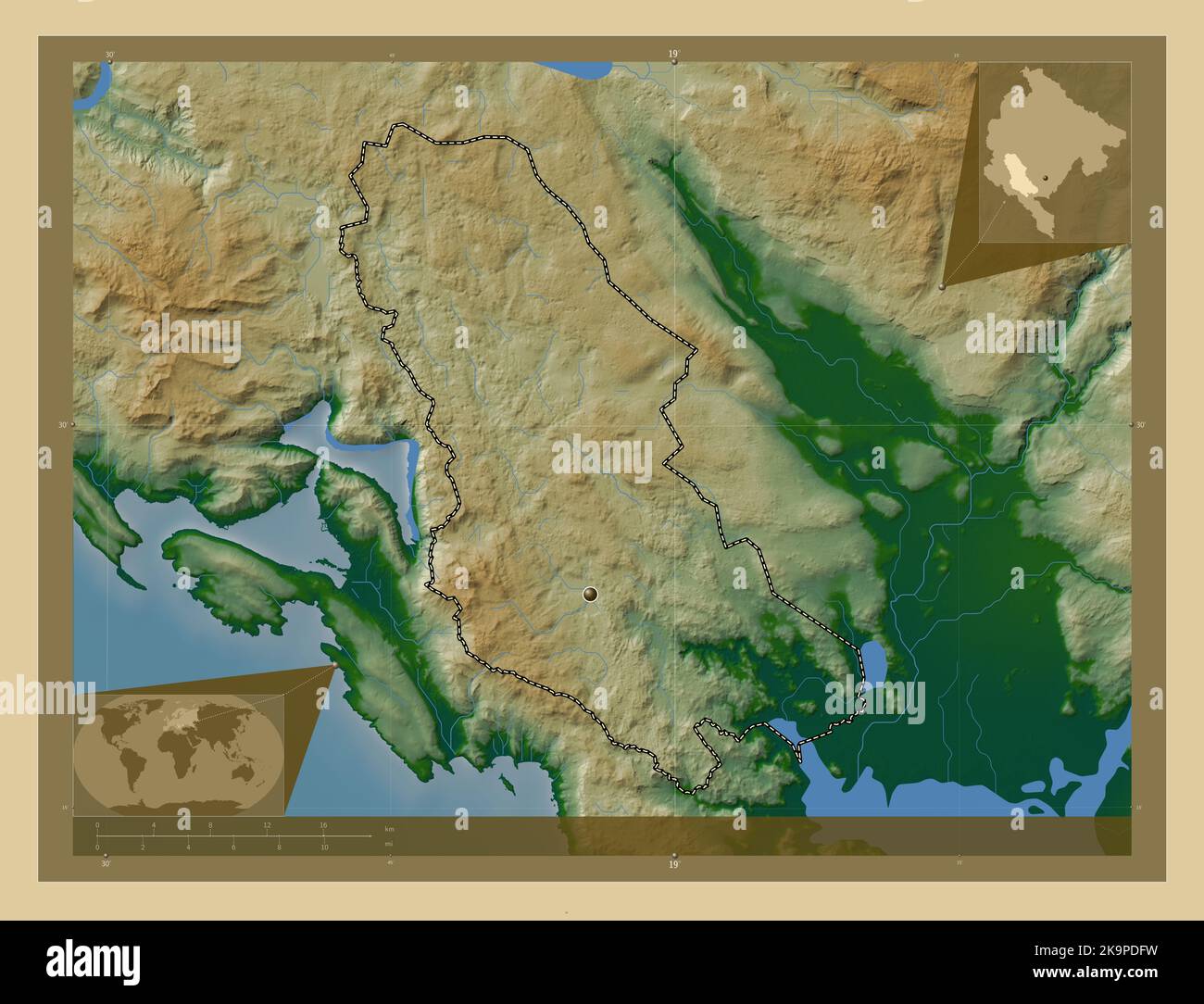 Cetinje, municipality of Montenegro. Colored elevation map with lakes ...