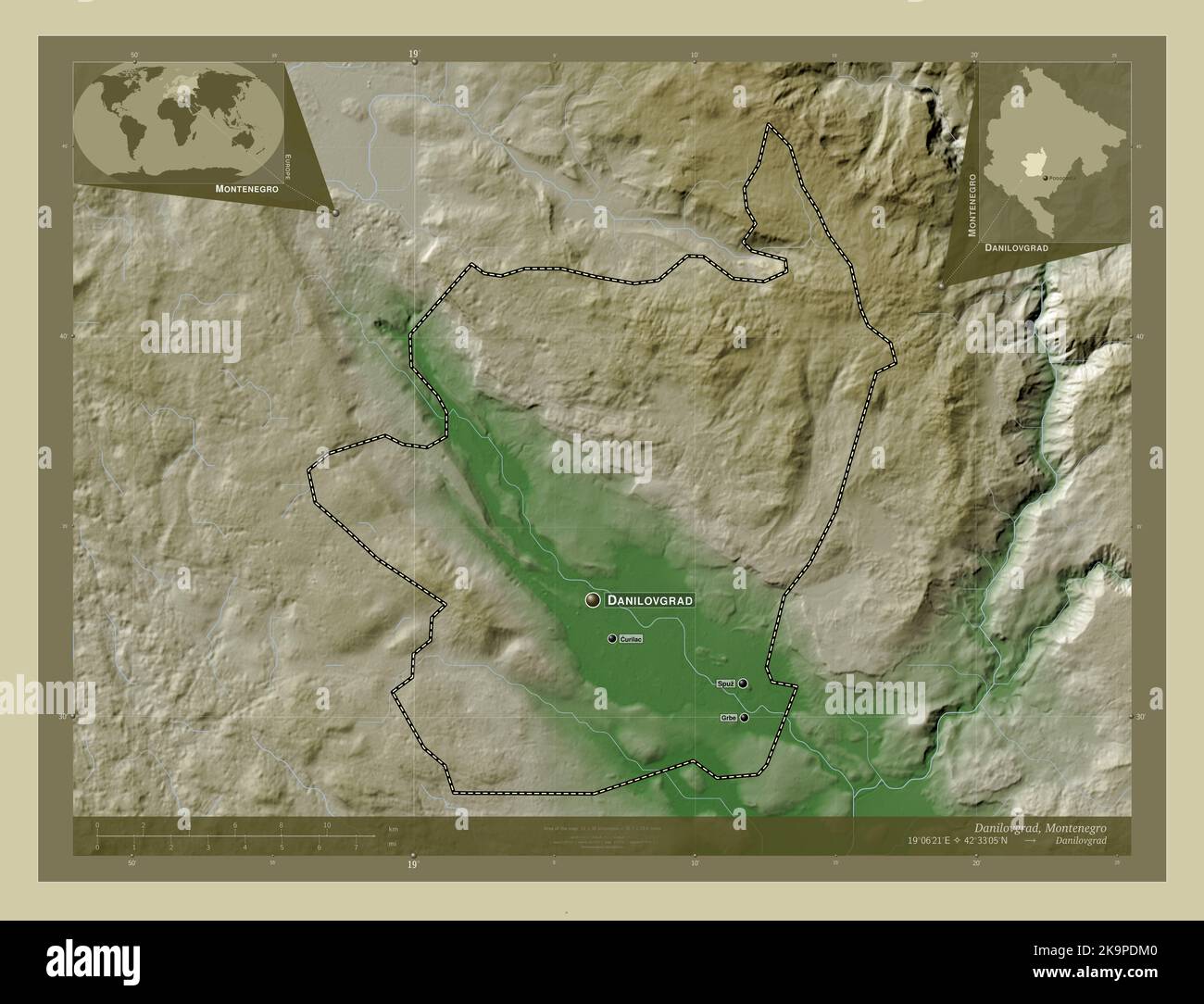 Danilovgrad, municipality of Montenegro. Elevation map colored in wiki