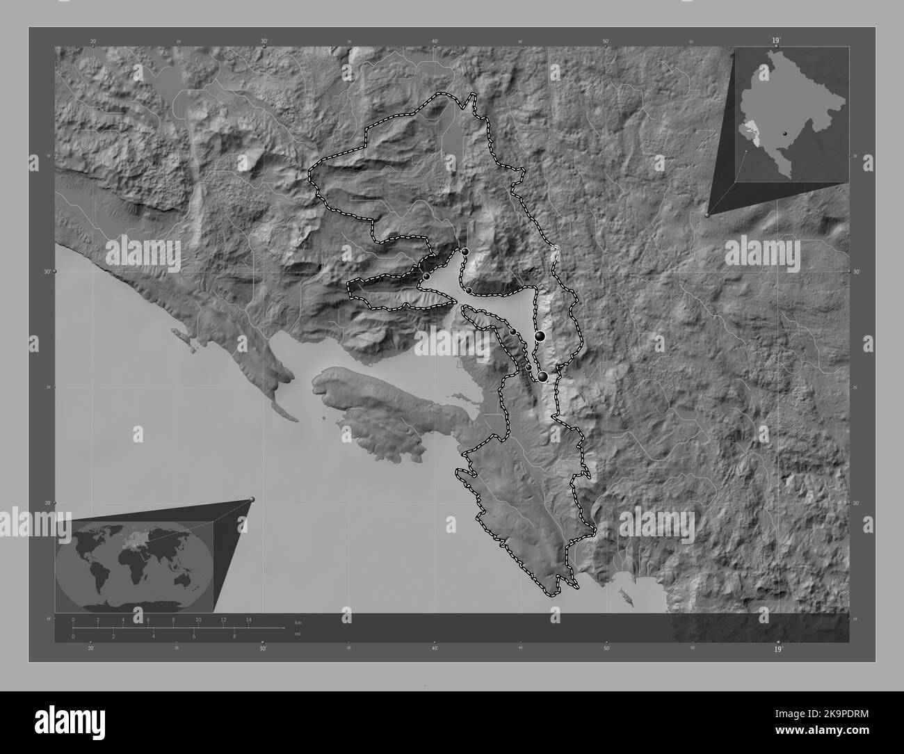 Kotor, municipality of Montenegro. Bilevel elevation map with lakes and ...