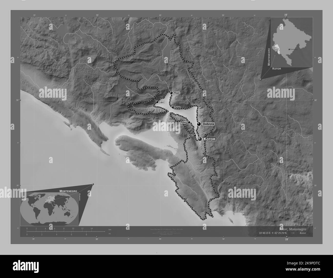 Kotor, municipality of Montenegro. Grayscale elevation map with lakes ...