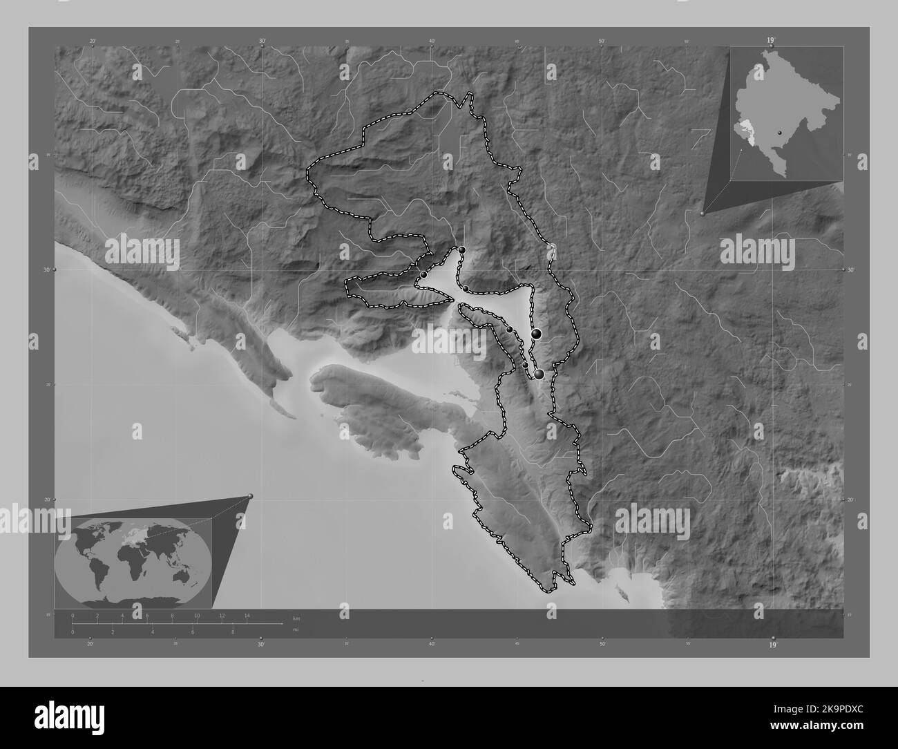 Kotor, municipality of Montenegro. Grayscale elevation map with lakes ...