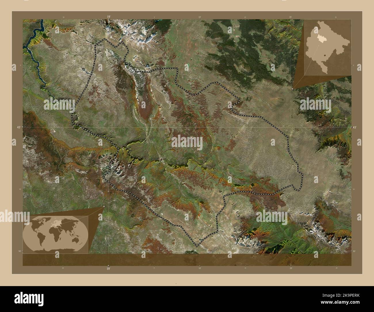 Savnik, municipality of Montenegro. Low resolution satellite map. Locations of major cities of the region. Corner auxiliary location maps Stock Photo