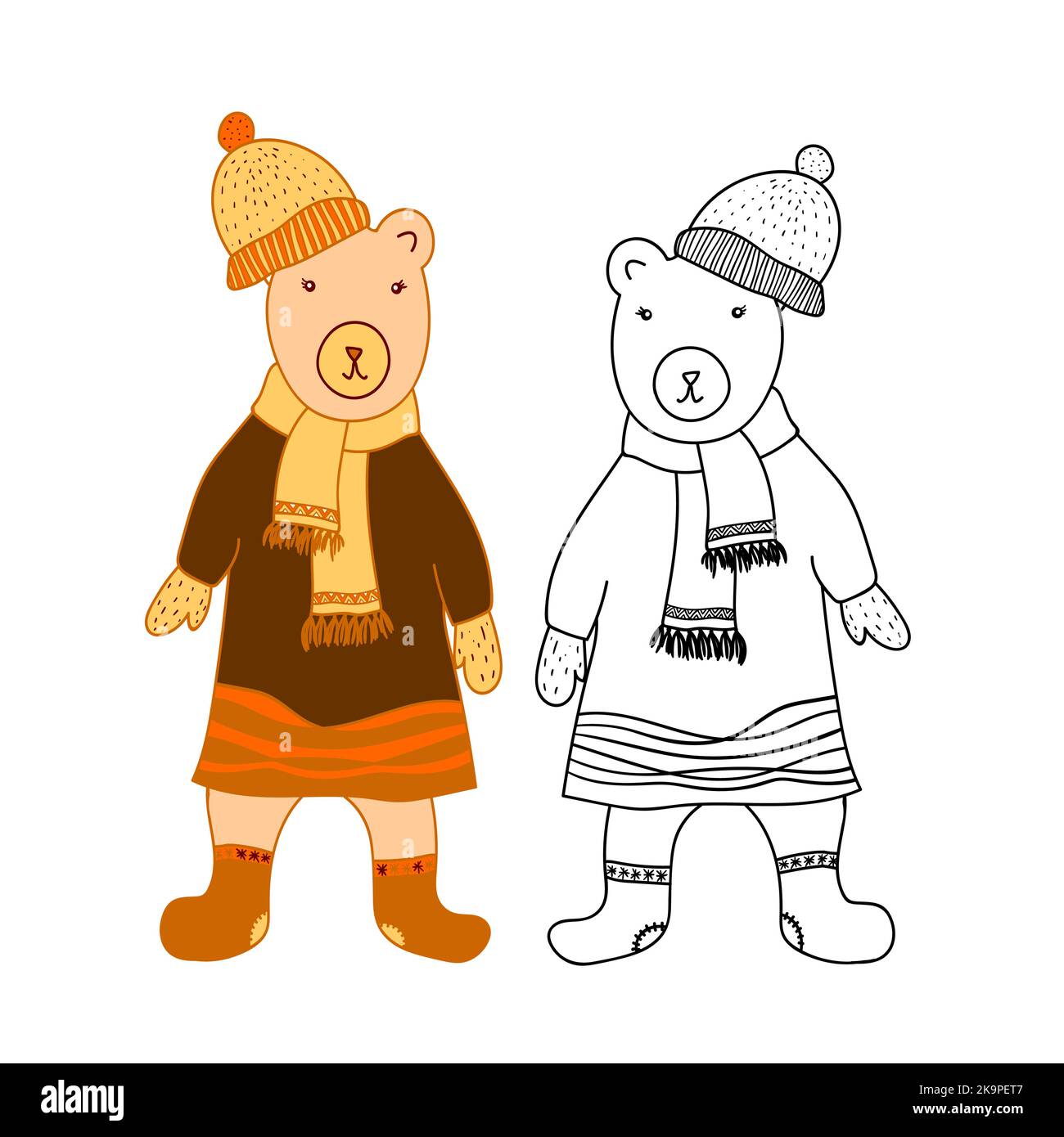 Funny bear dressed in coat, scarf and cap. Cartoon style. Vector illustration for coloring book, stickers, cards Stock Vector