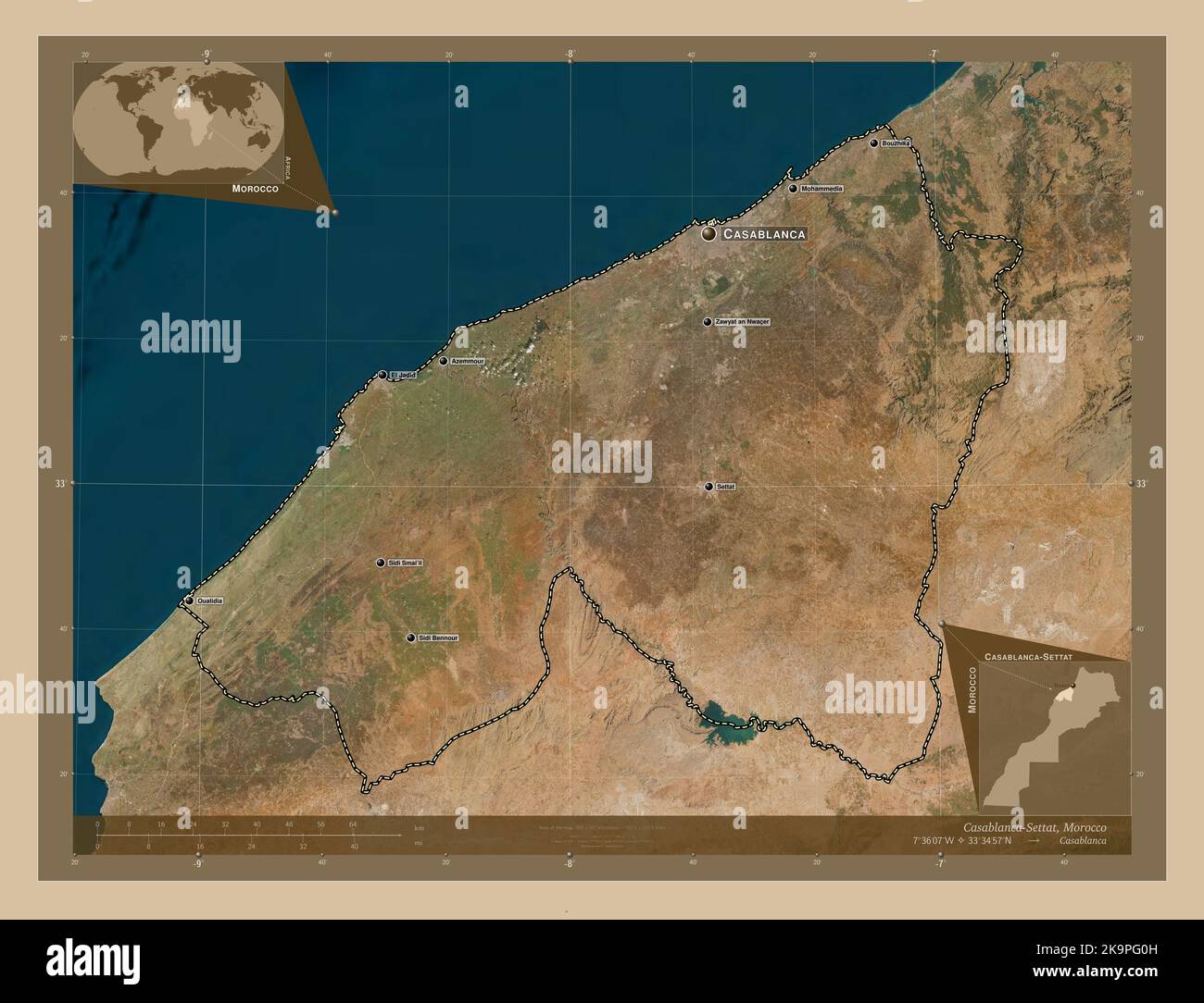 CasablancaSettat, region of Morocco. Low resolution satellite map