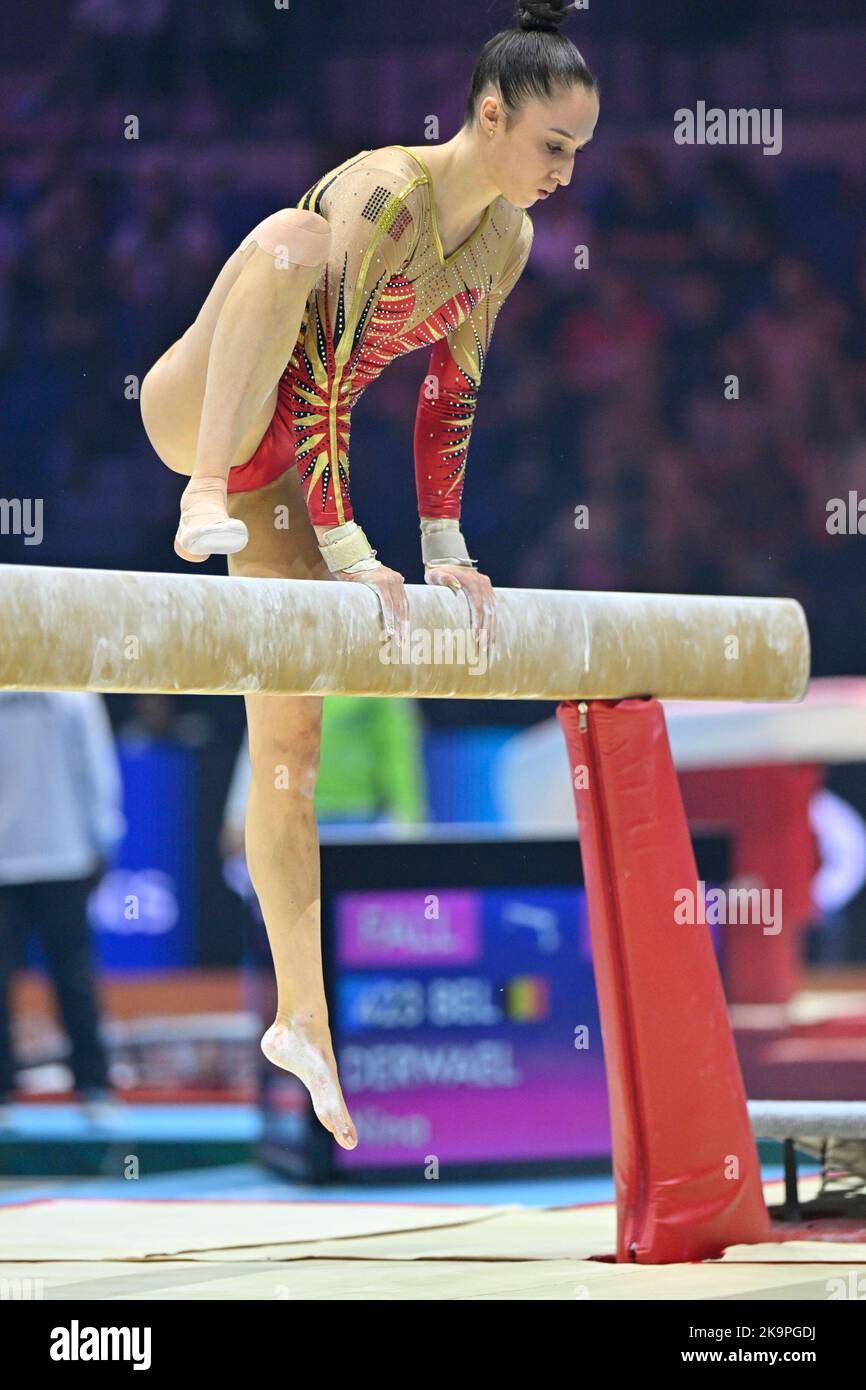 Liverpool UK. 29th Oct 2022. Belgian gymnast Nina Derwael pictured in action during the qualifications on the first day of the World Artistic Gymnastics Championships in Liverpool Saturday 29 October ...