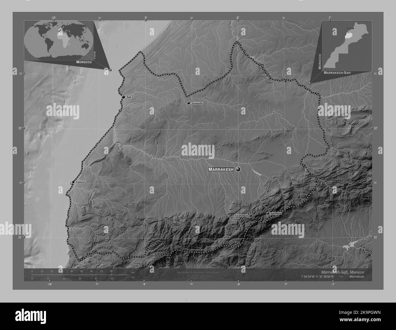 MarrakechSafi, region of Morocco. Grayscale elevation map with lakes