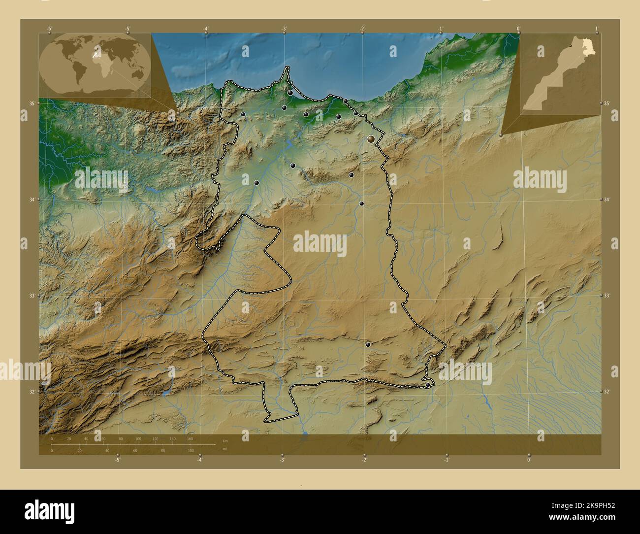 Oriental, region of Morocco. Colored elevation map with lakes and ...
