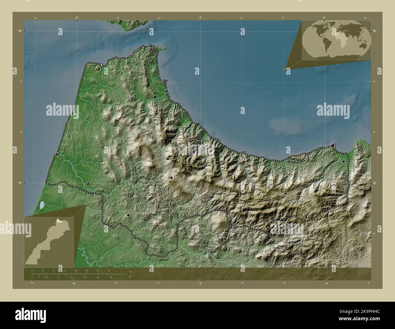 Tanger-Tetouan-Al Hoceima, region of Morocco. Elevation map colored in wiki  style with lakes and rivers. Locations of major cities of the region. Corn  Stock Photo - Alamy