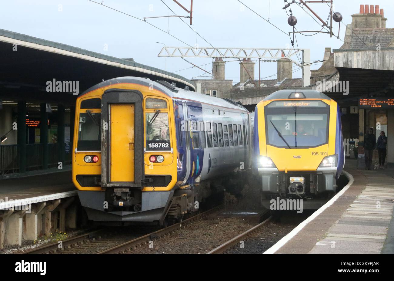 Northern trains diesel multiple units at Carnforth railway station 26th October 2022. Class 195 civity dmu and class 158 express sprinter dmu. Stock Photo