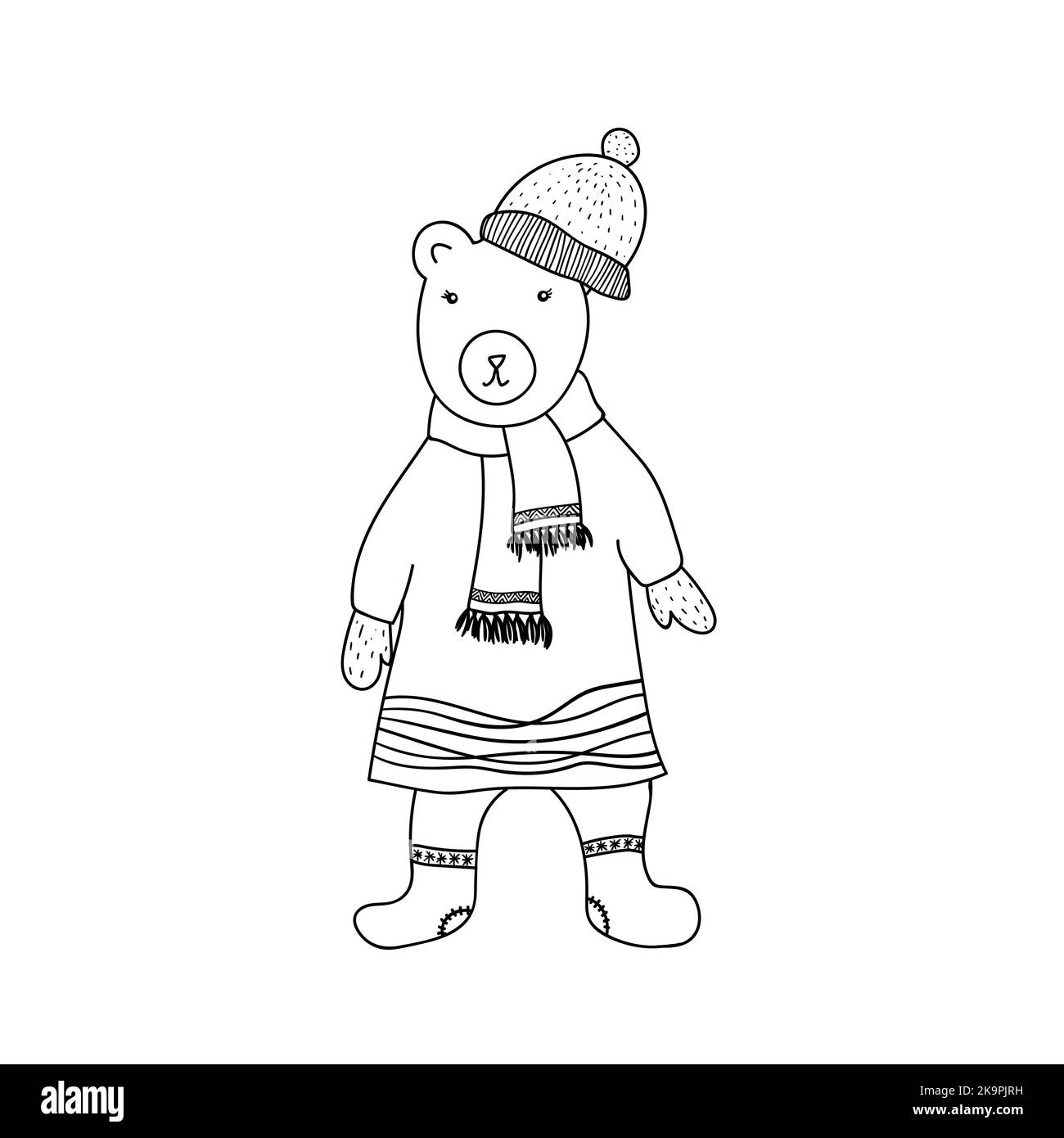 Funny bear dressed in coat, scarf and cap. Cartoon style. Vector illustration foe coloring book, sticker, cards. Stock Vector