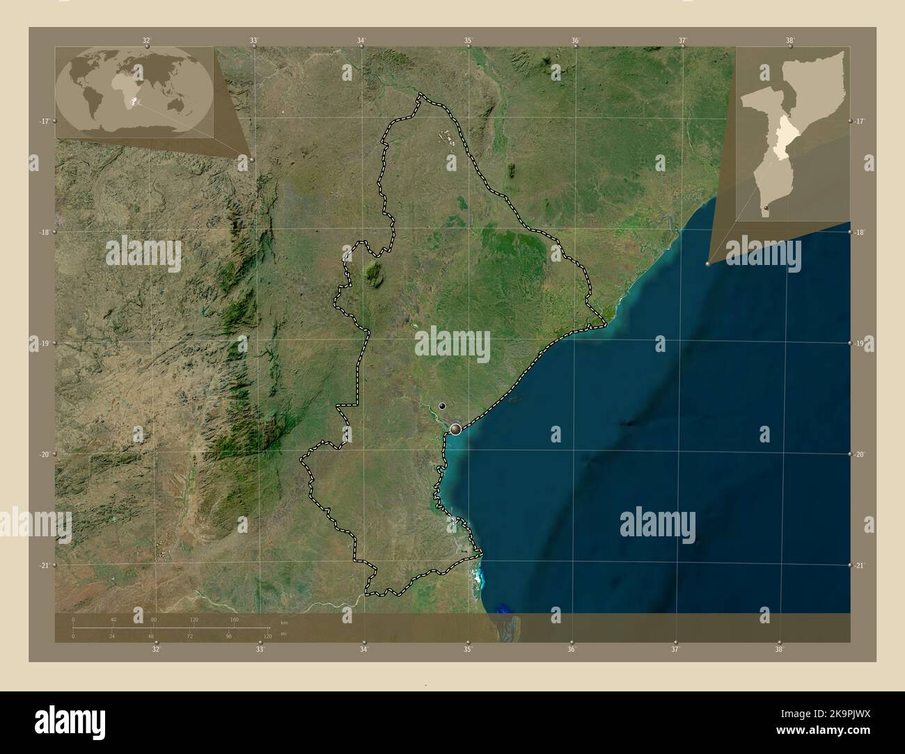 Sofala, province of Mozambique. High resolution satellite map. Locations of major cities of the