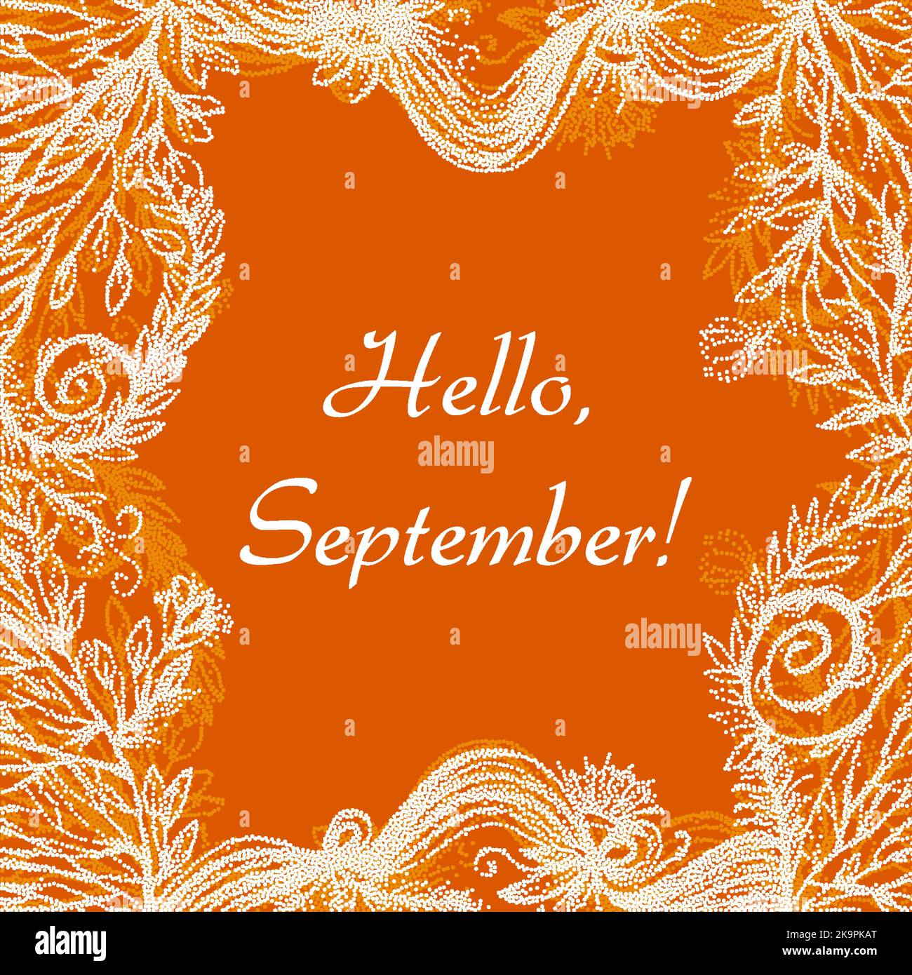 Hello September lettering on colorful background with herbal doodle ...