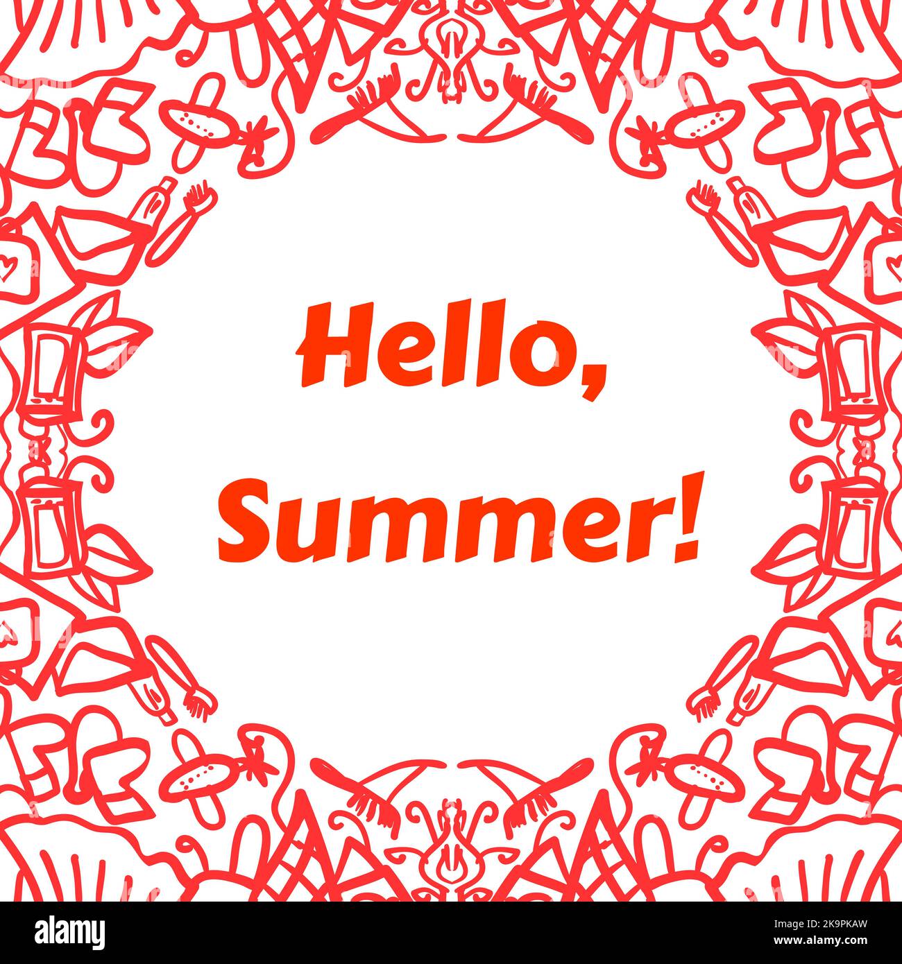 Abstract decorative frame with different objects. Hello summer card. Stock Vector