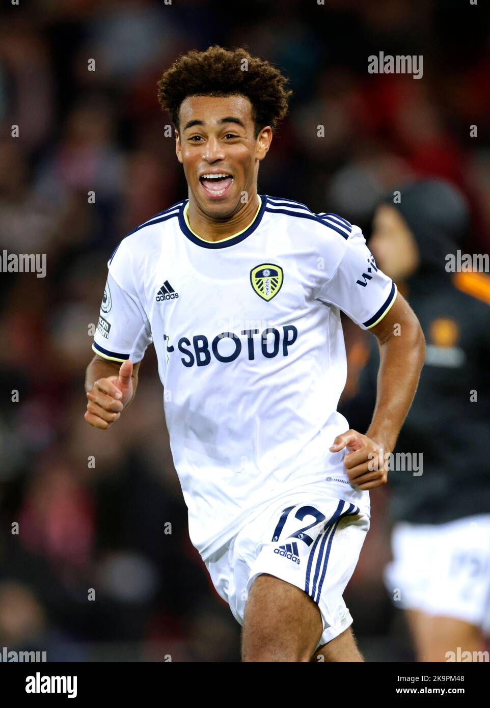 Leeds United's Tyler Adams celebrates at the end of the Premier League
