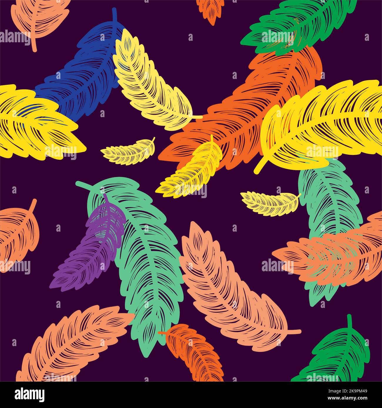 Seamless pattern with decorative feathers, endless colorful background. Stock Vector