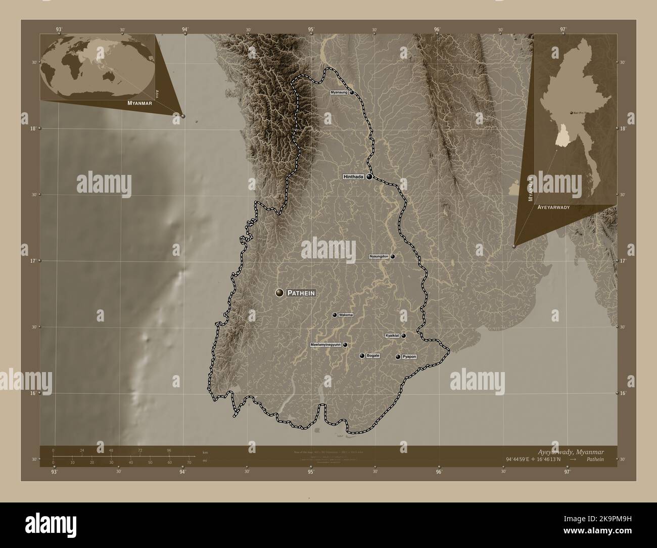 Ayeyarwady Division Of Myanmar Elevation Map Colored In Sepia Tones