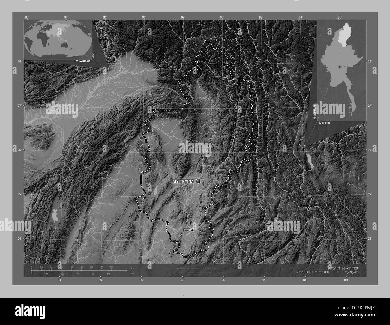 Kachin, state of Myanmar. Grayscale elevation map with lakes and rivers. Locations and names of