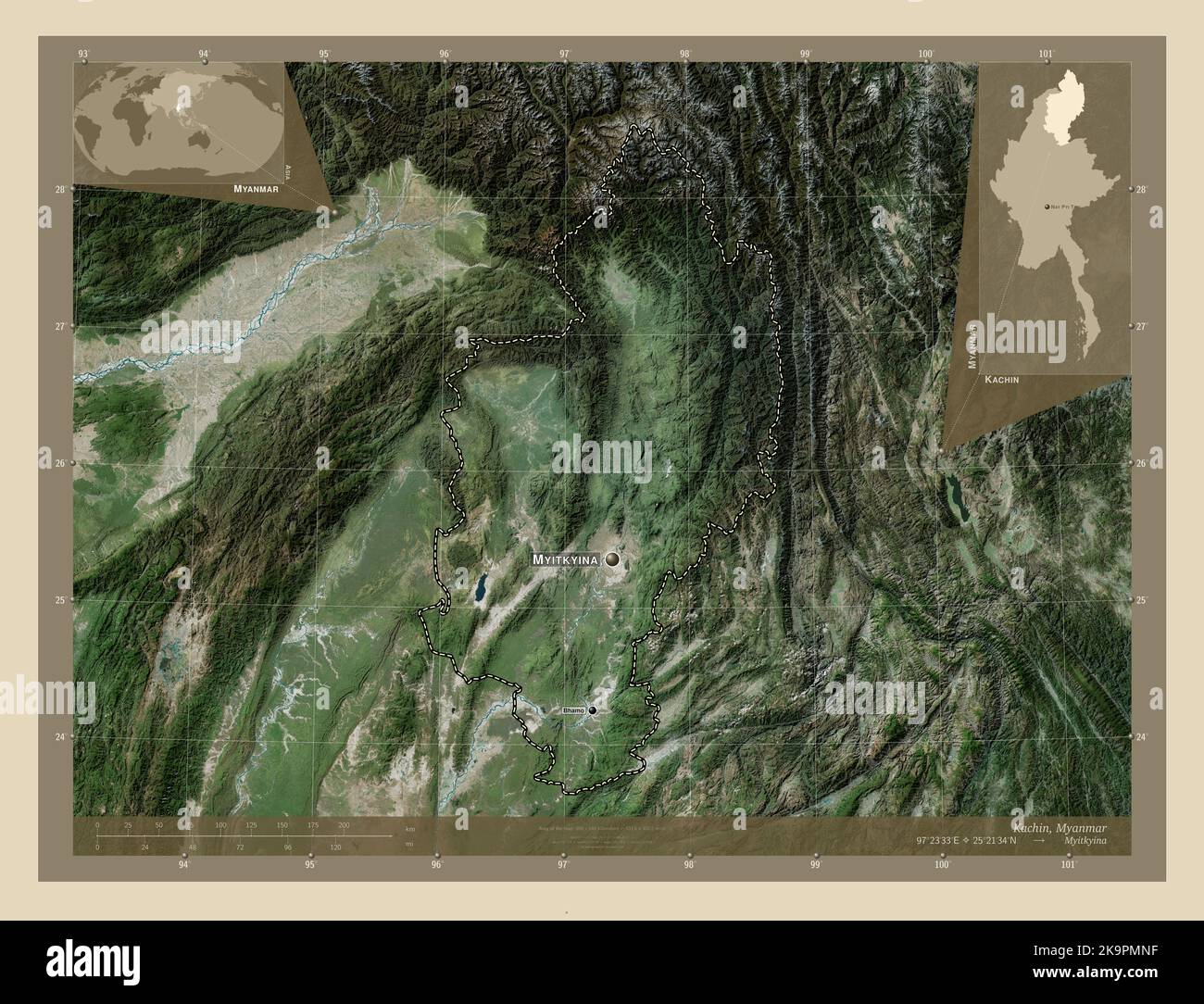 Kachin, state of Myanmar. High resolution satellite map. Locations and names of major cities of