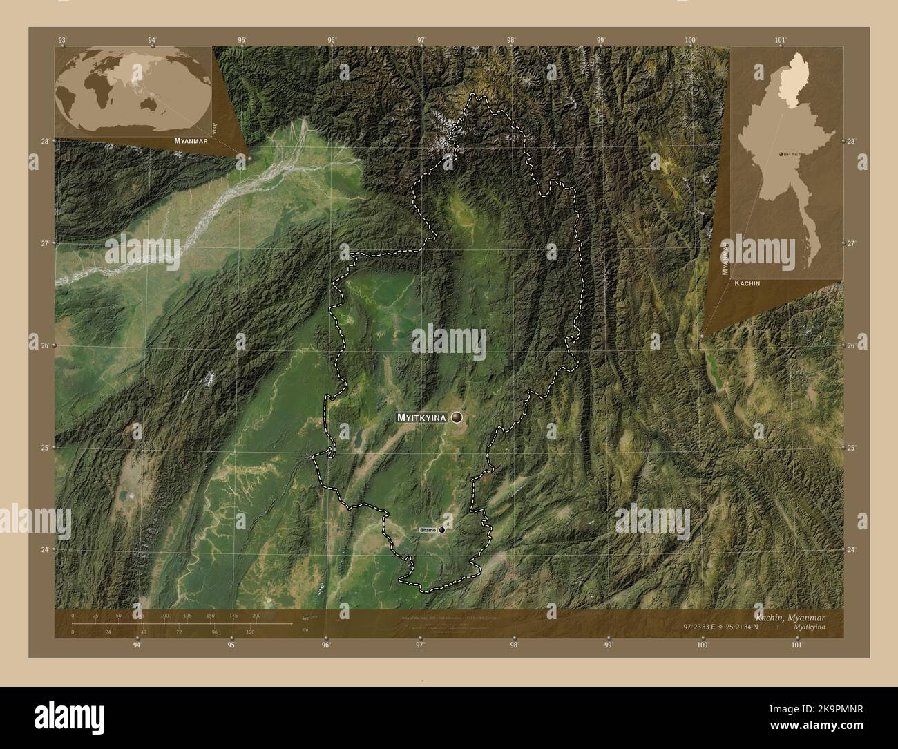 Kachin, state of Myanmar. Low resolution satellite map. Locations and names of major cities of
