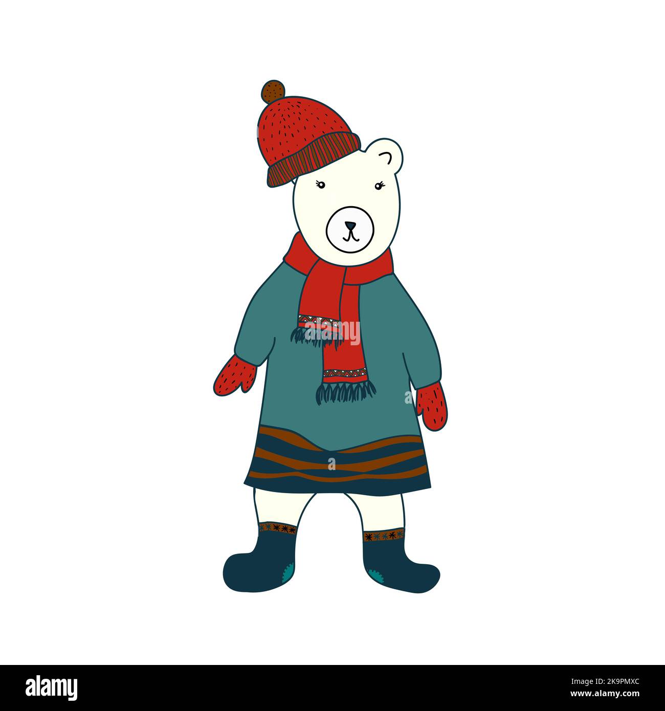 Funny bear dressed in coat, scarf and cap. Cartoon style. Vector illustration for coloring book, stickers, cards Stock Vector