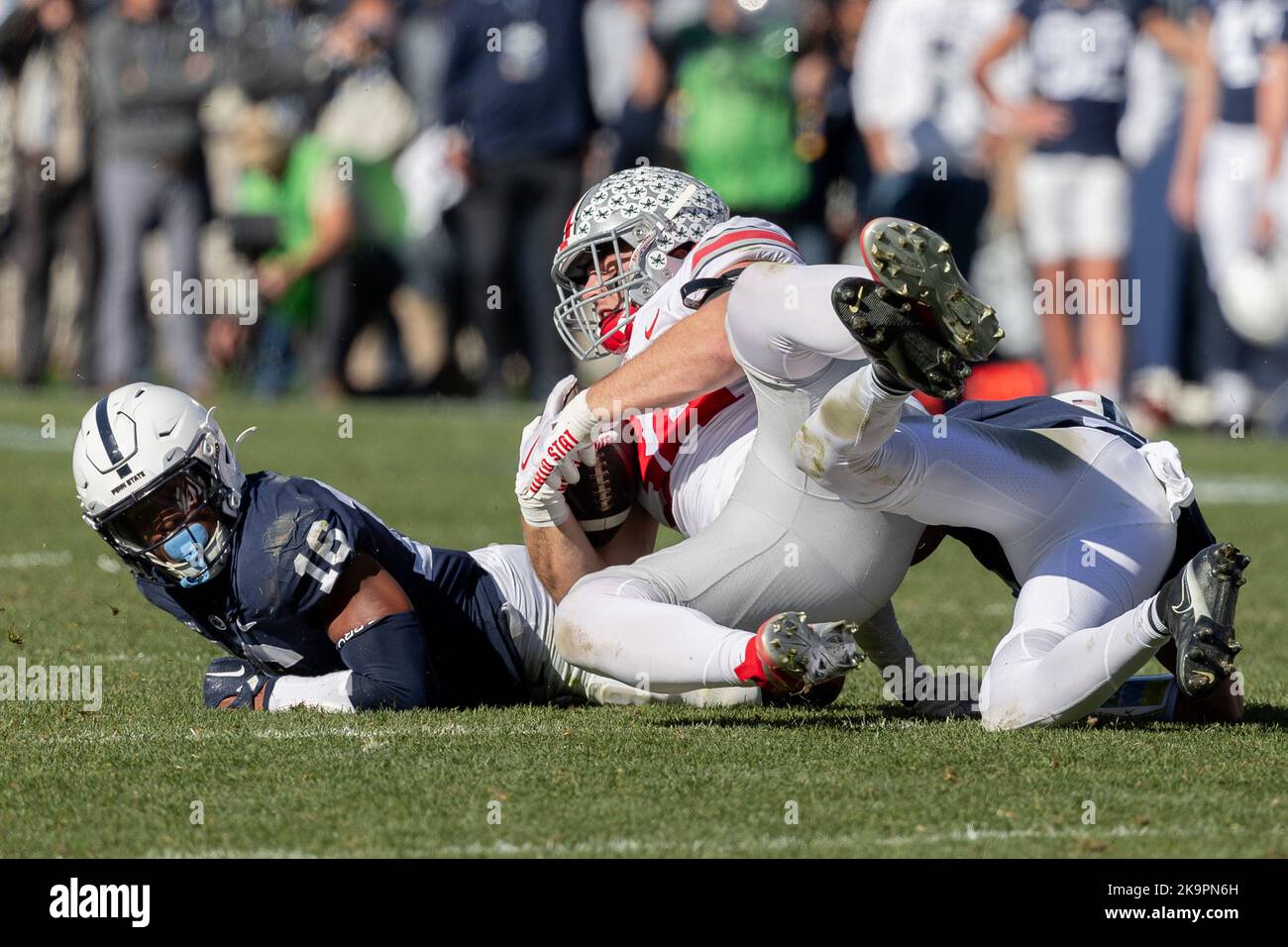 University Park, Pennsylvania, USA. 29th Oct, 2022. Ohio State Buckeyes tight end Mitch Rossi (34) is brought down after catching a pass in the game between the Ohio State Buckeyes and Penn State Nittany Lions at Beaver Stadium, University Park, Pennsylvania. (Credit Image: © Scott Stuart/ZUMA Press Wire) Stock Photo