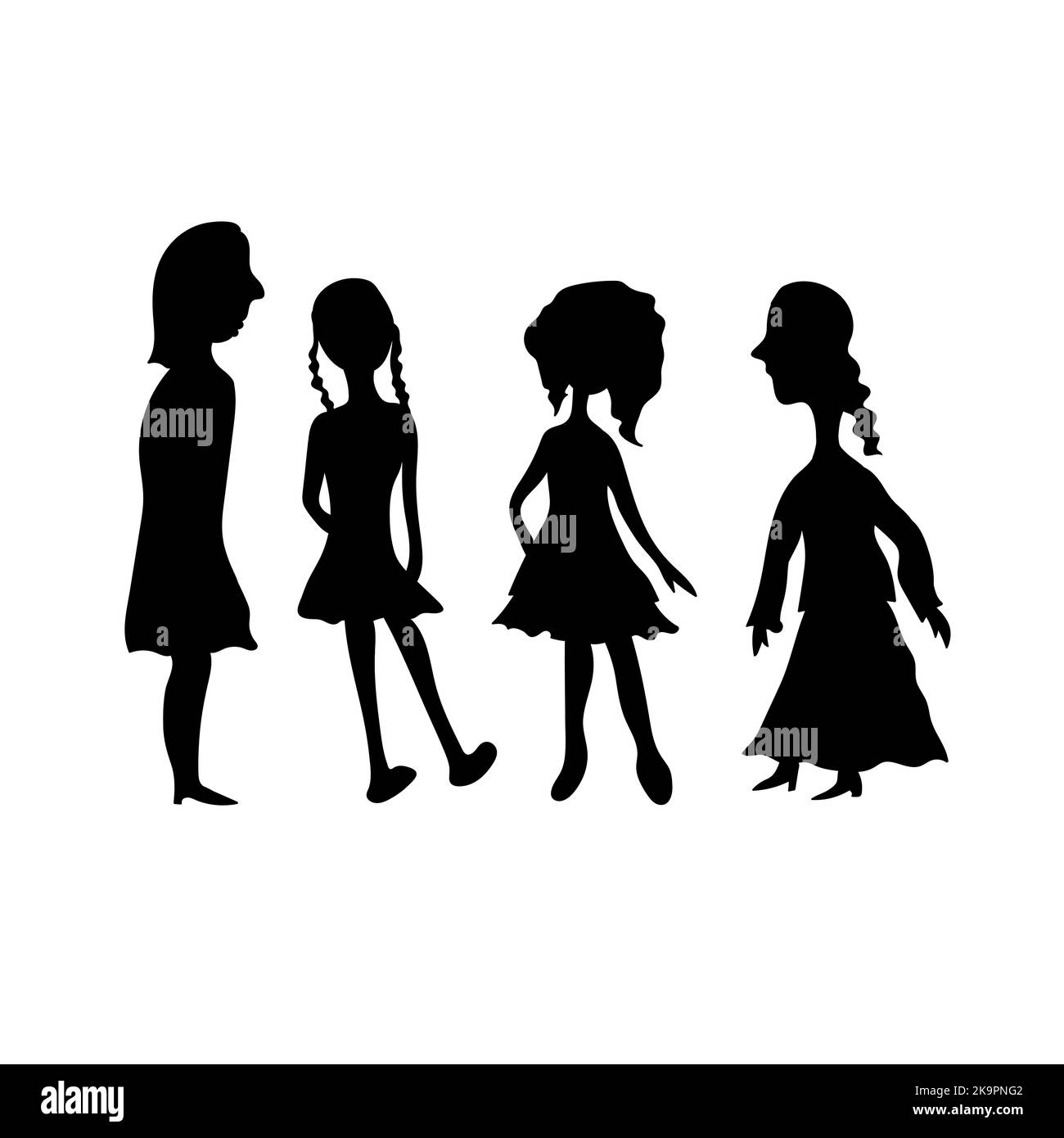 Set of woman silhouettes with different hairstyles and dress. Black
