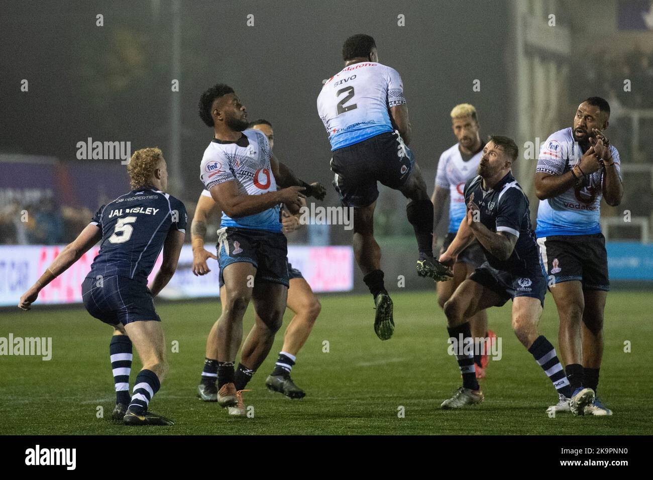 Fiji Winger Maika Sivo catches the ball during The 2021 Rugby League World Cup Pool B match between Fiji and Scotland at Kingston Park, Newcastle on Saturday 29th October 2022