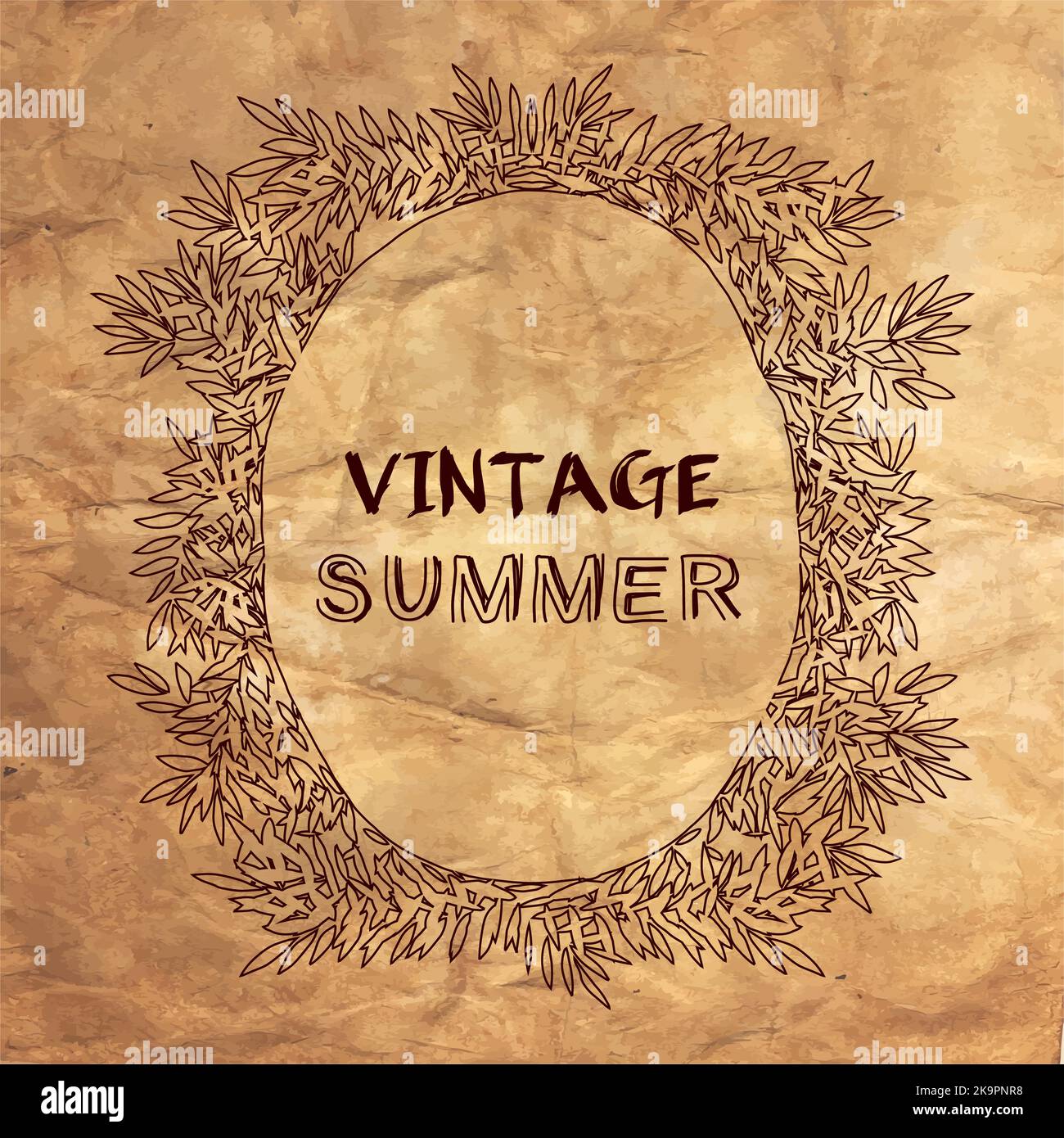 Vintage summer postcard. Vector illustration on aged crumpled paper texture. Stock Vector