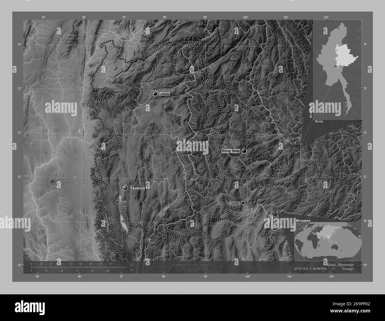 Shan, state of Myanmar. Grayscale elevation map with lakes and rivers ...