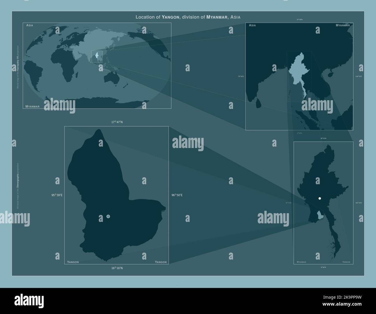 Yangon, division of Myanmar. Diagram showing the location of the region