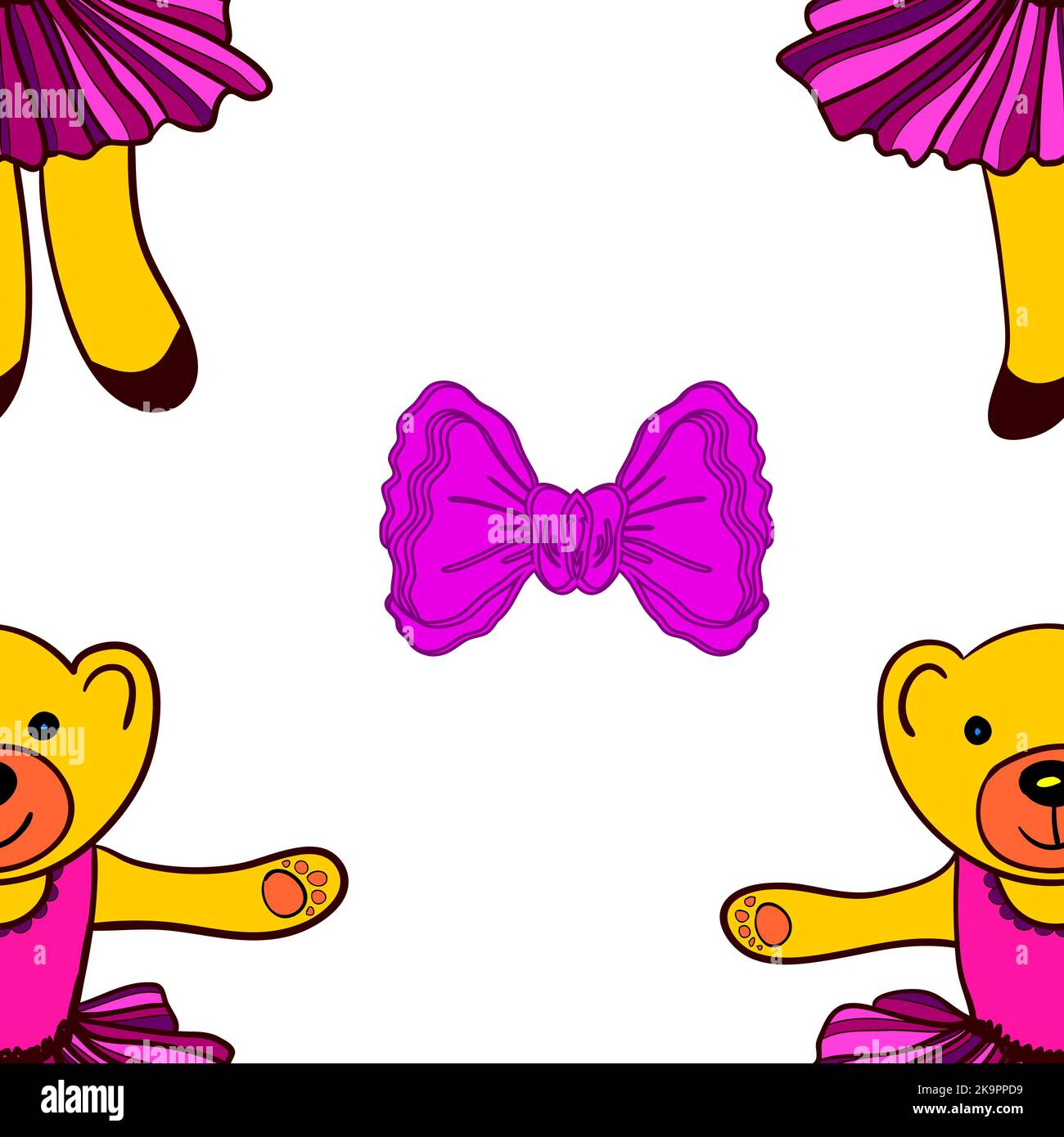 Seamless hand drawn cartoon pattern with cute dancing bear wearing ...