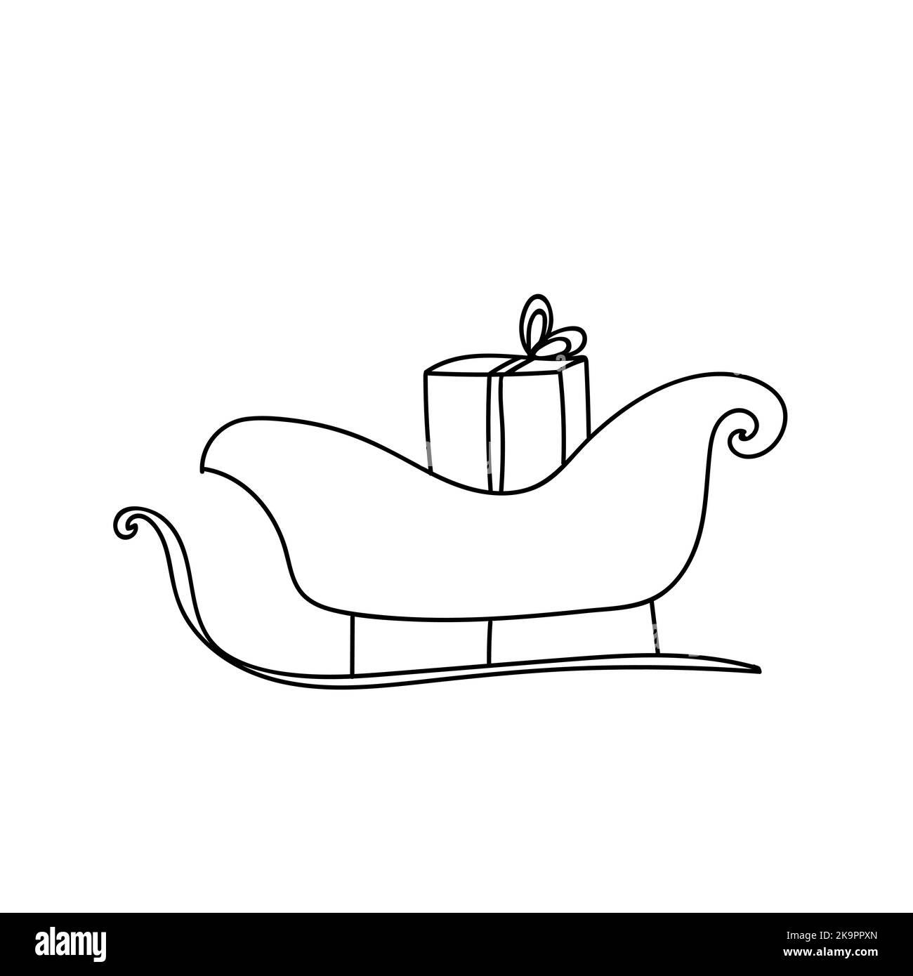 Vector Illustration of a Christmas sleigh with gift box. Coloring book element. Stock Vector