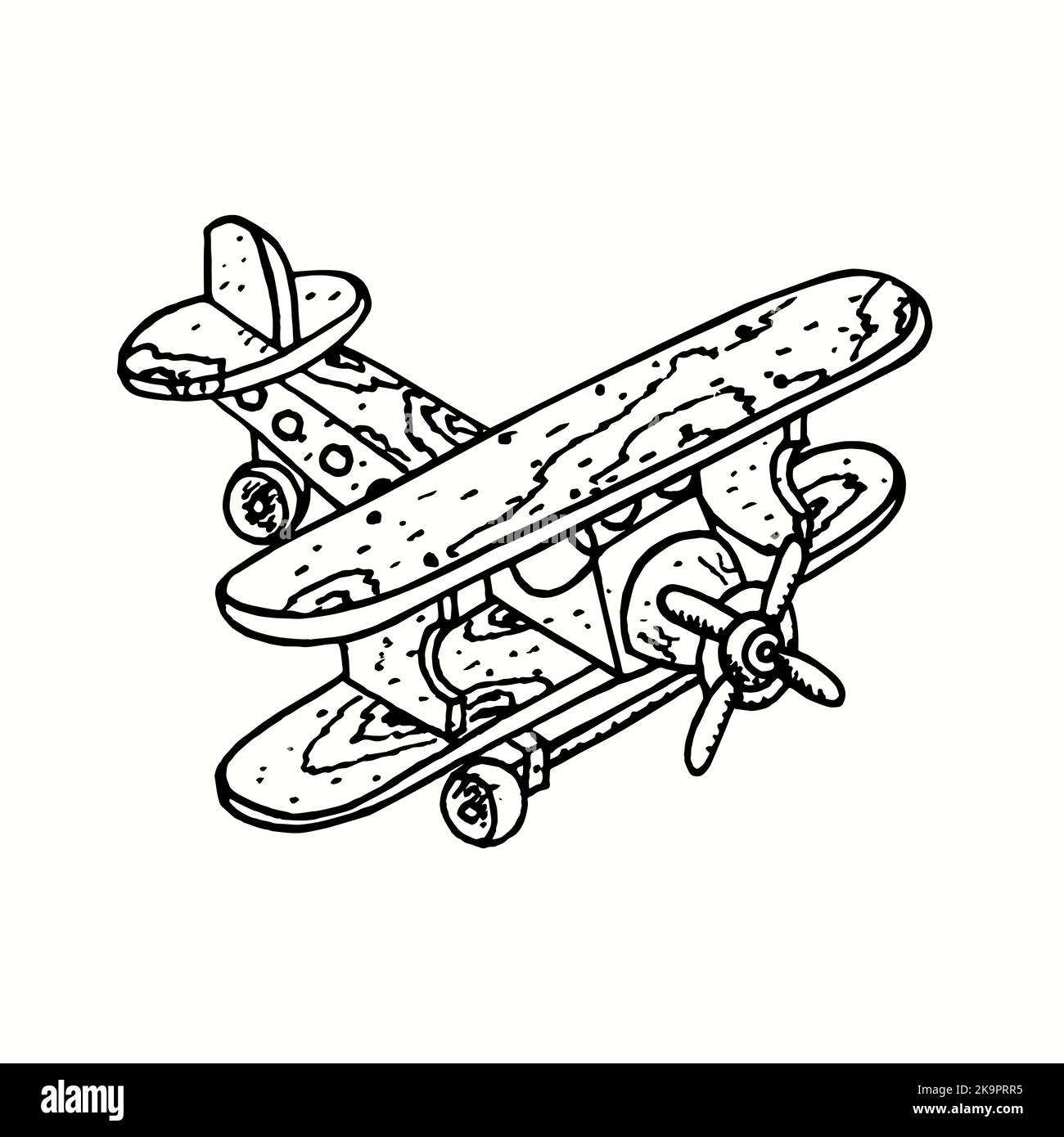 Wooden toy plane. Ink black and white doodle drawing in woodcut style