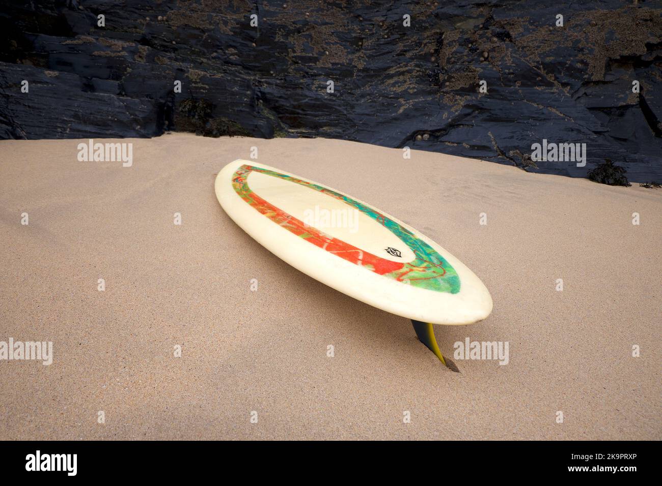 Mother Ivys Bay Padstow Cornwall UK 10 29 2022 Vintage 1970s Cornish Surfboard by Tigger and John Newlyn Stock Photo