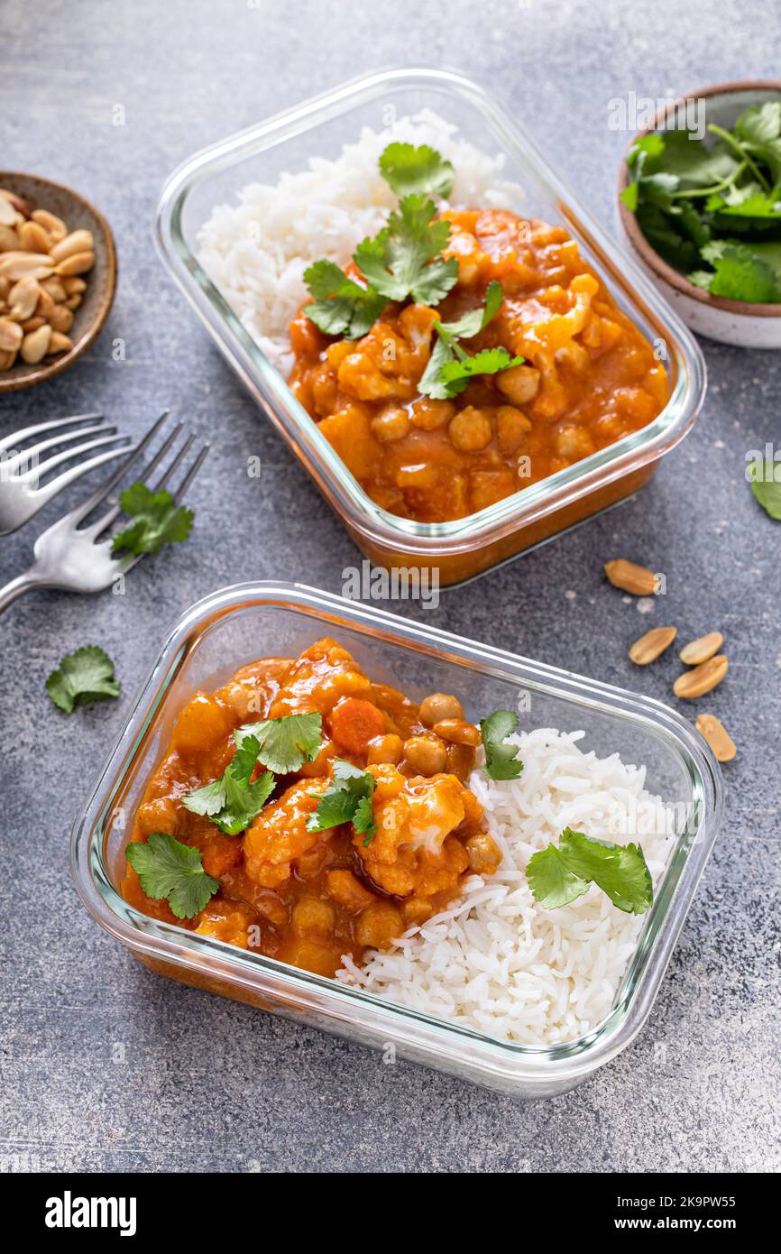 Vegan meal prep idea vegetable and chickpeas curry with rice Stock Photo