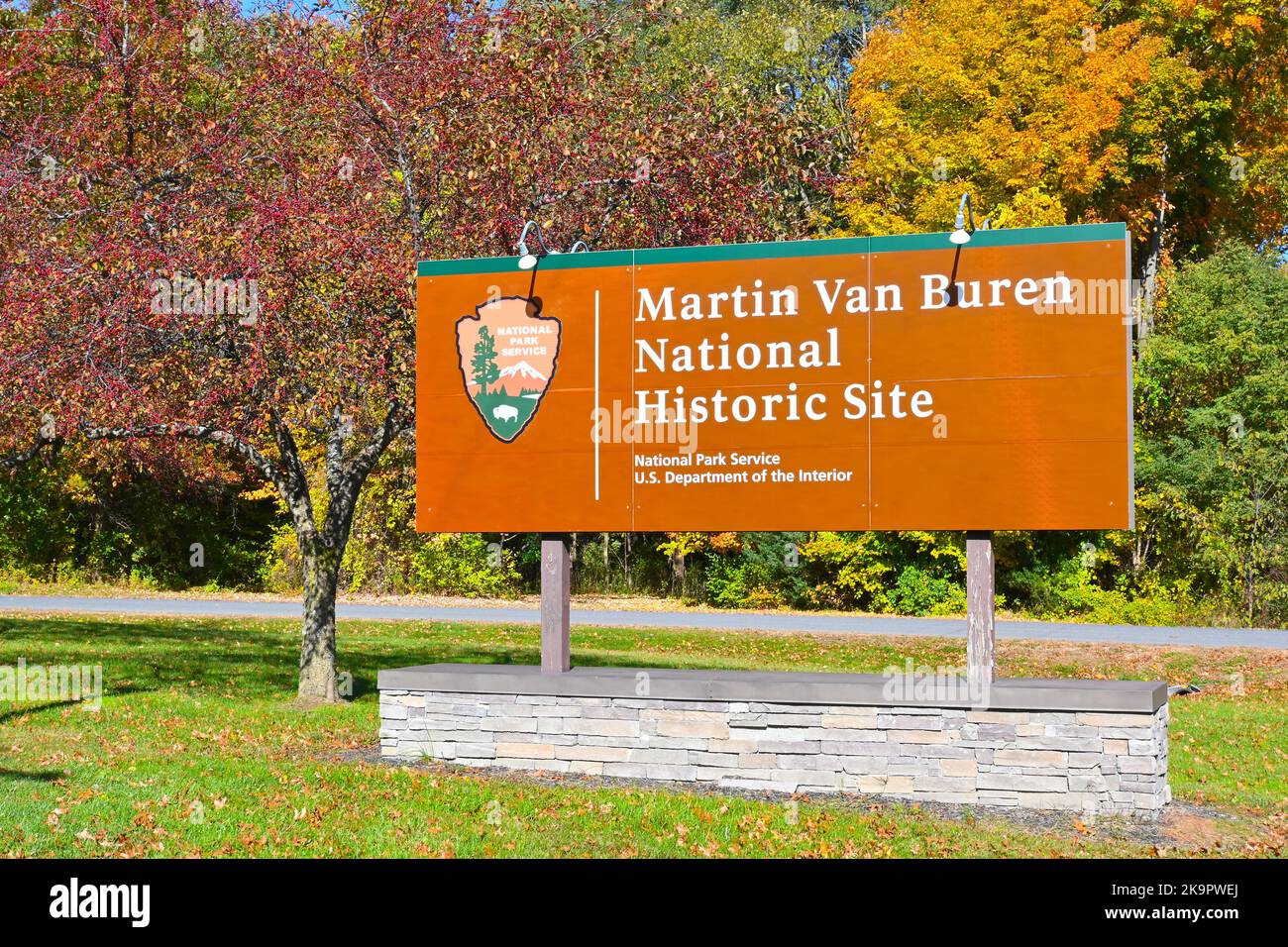 KINDERHOOK, NEW YORK - 19 OCT 2022: Sign at Lindenwald Estate a National Historic Site and the home of the 8th President of the United States, Martin Stock Photo