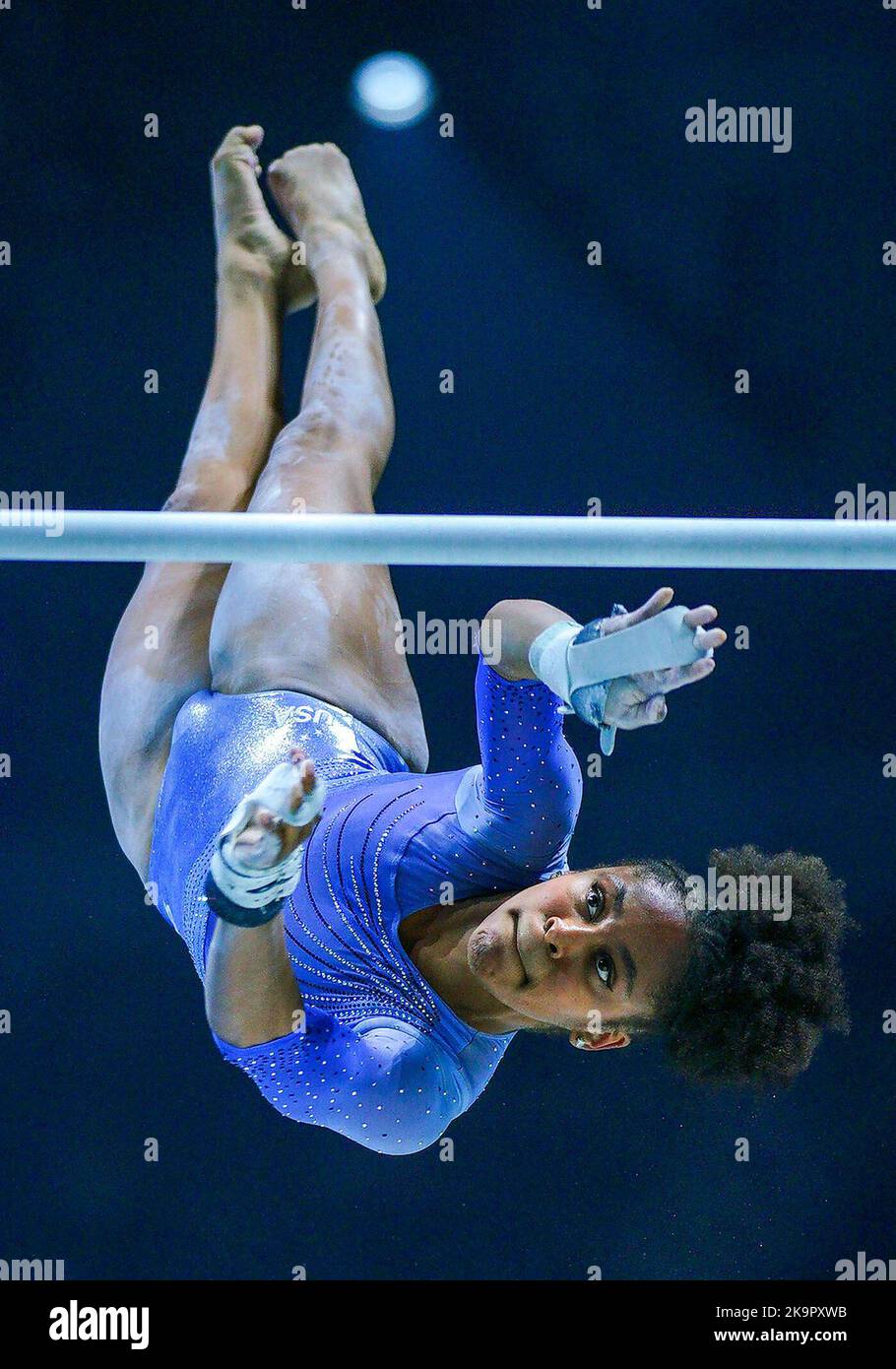 USA's Skye Blakely competes on the asymmetrical bars during day one of