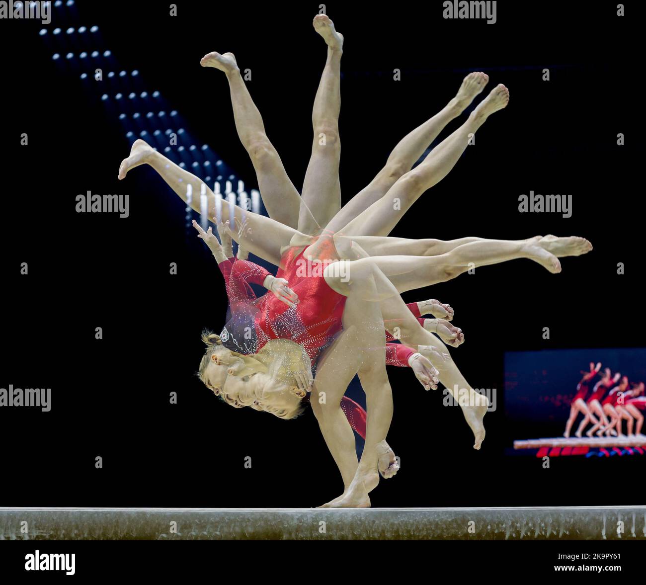 Liverpool, UK. 29th Oct, 2022. 29th October 2022,  M&amp;S Bank Arena, Liverpool, England; 2022 World Artistic Gymnastics Championships; Women's Qualification Balance Beam - Ella Borg (MLT) multiple exposure Credit: Action Plus Sports Images/Alamy Live News Stock Photo