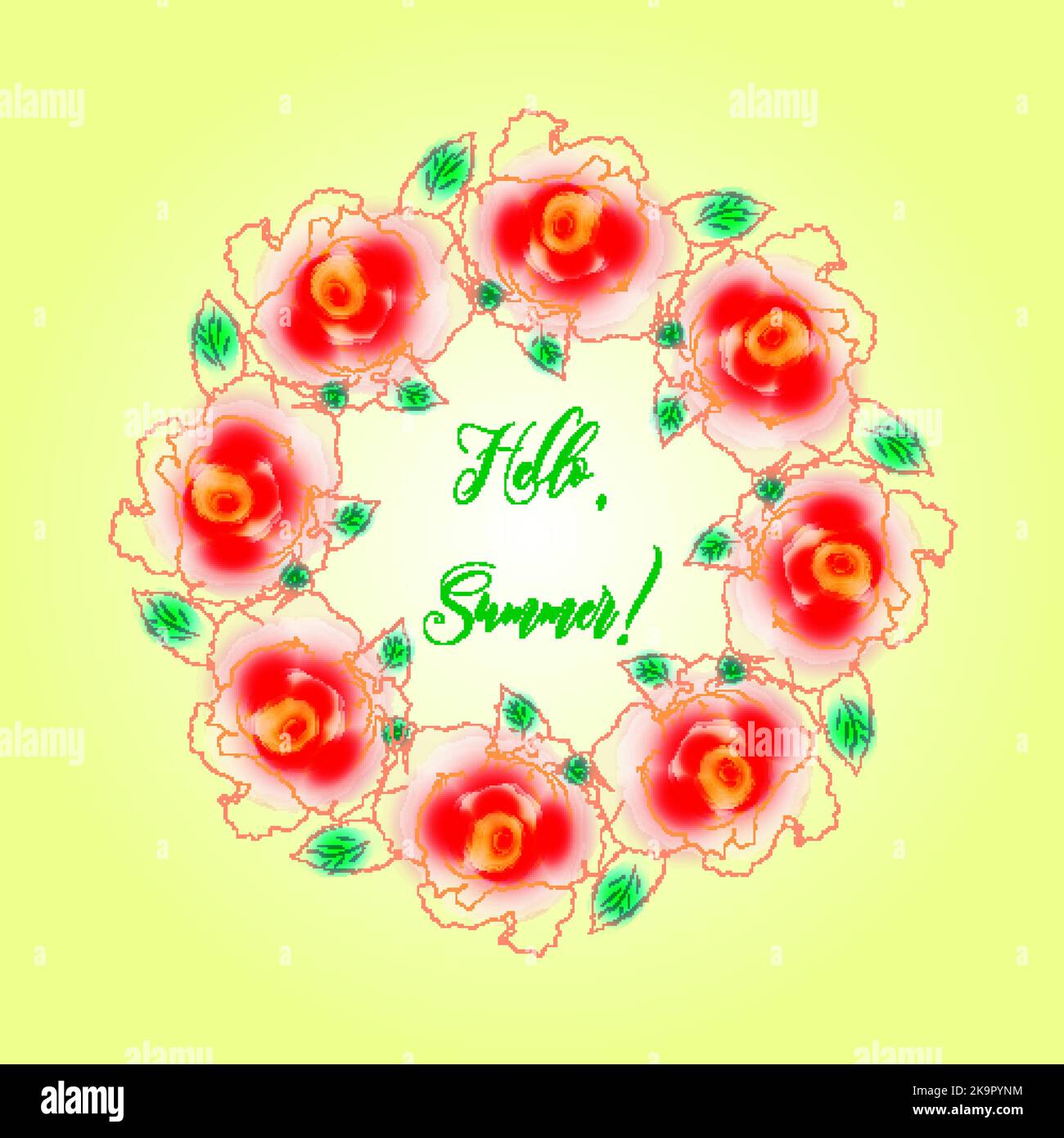 Hello Summer card. Rose wreath or border. Floral detail for summer design. Stock Vector