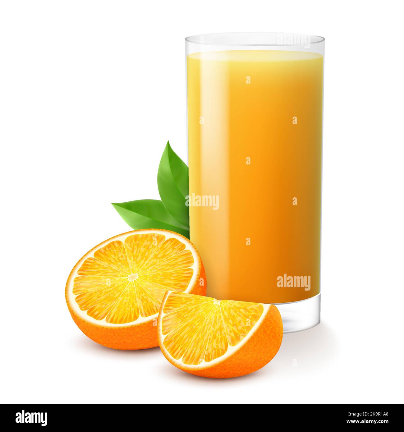 Glass of fresh orange juice. Juicy citrus with leaves, isolated on white background. Smoothies of orange. Realistic 3d vector illustration for adverti Stock Vector