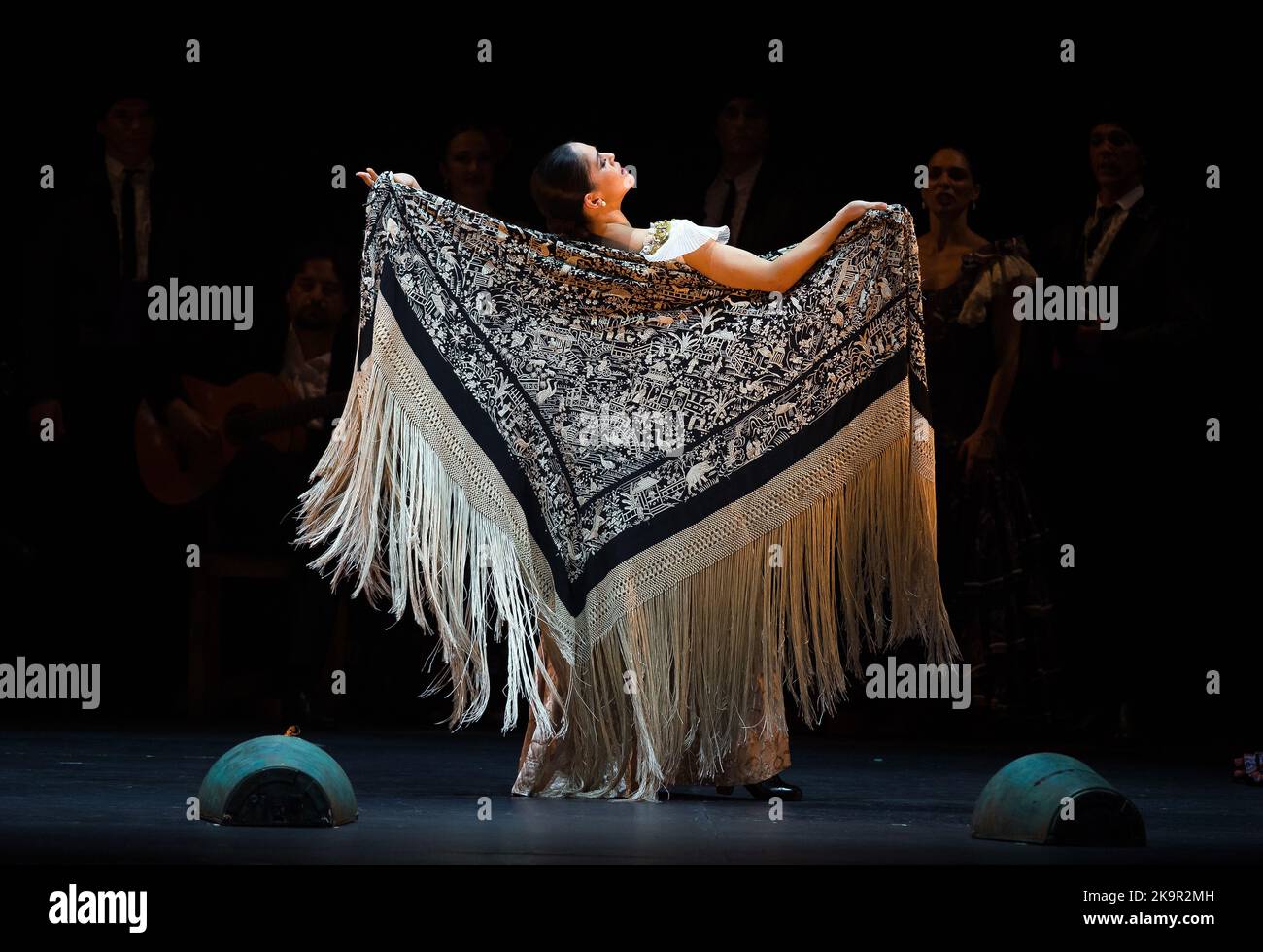 A dancer wearing a shawl performs on the stage during the first night of 'La Bella Otero' ballet