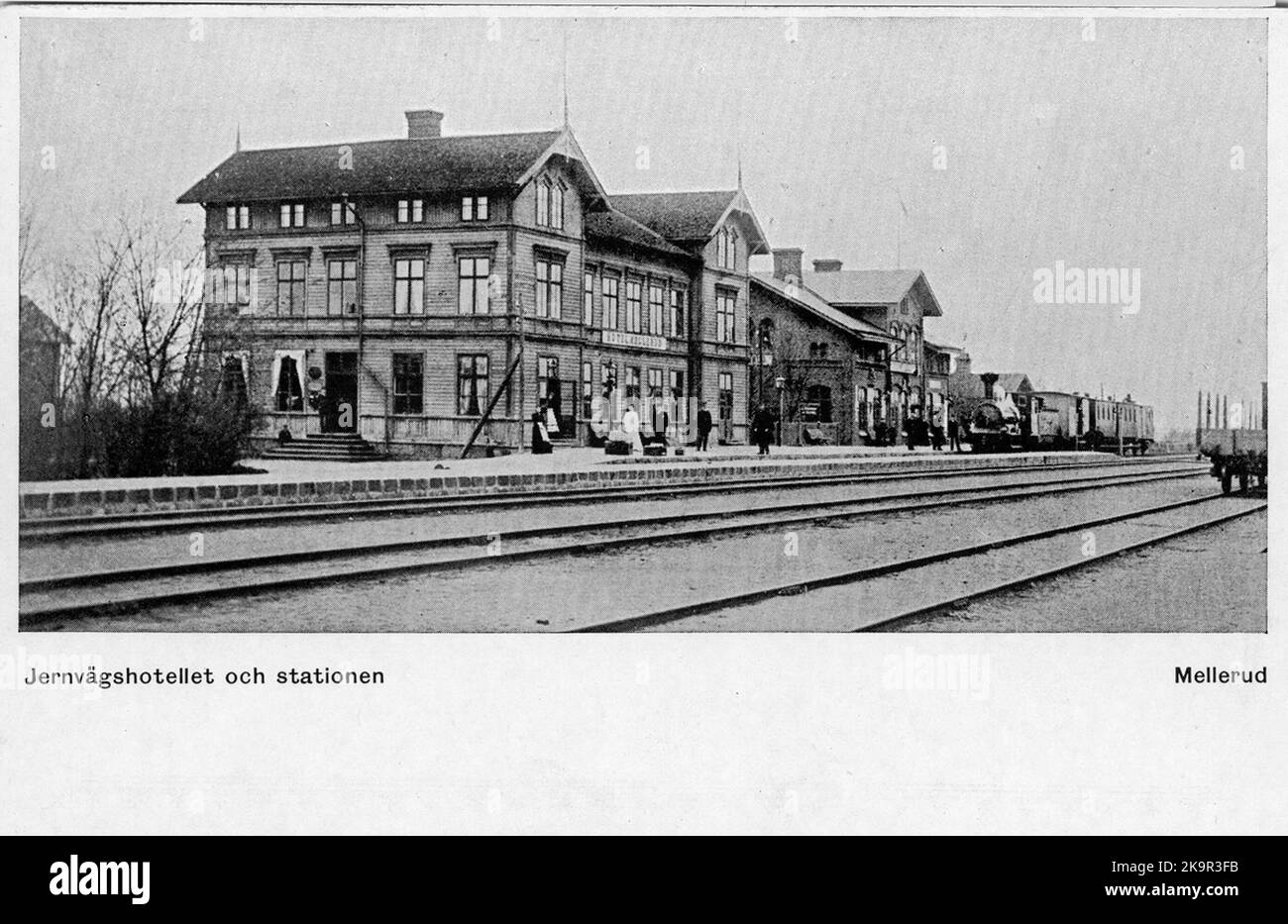 Mellerud station. In the foreground the railway hotel. Stock Photo