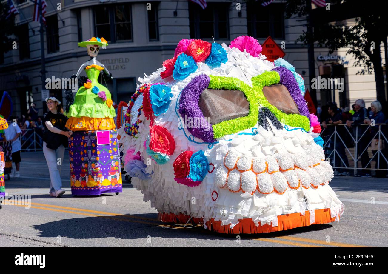 Viva la Vida Day of the Dead (Dia de los Muertos) Parade in Austin, Texas hosted by the Mexicarte Museum. Stock Photo